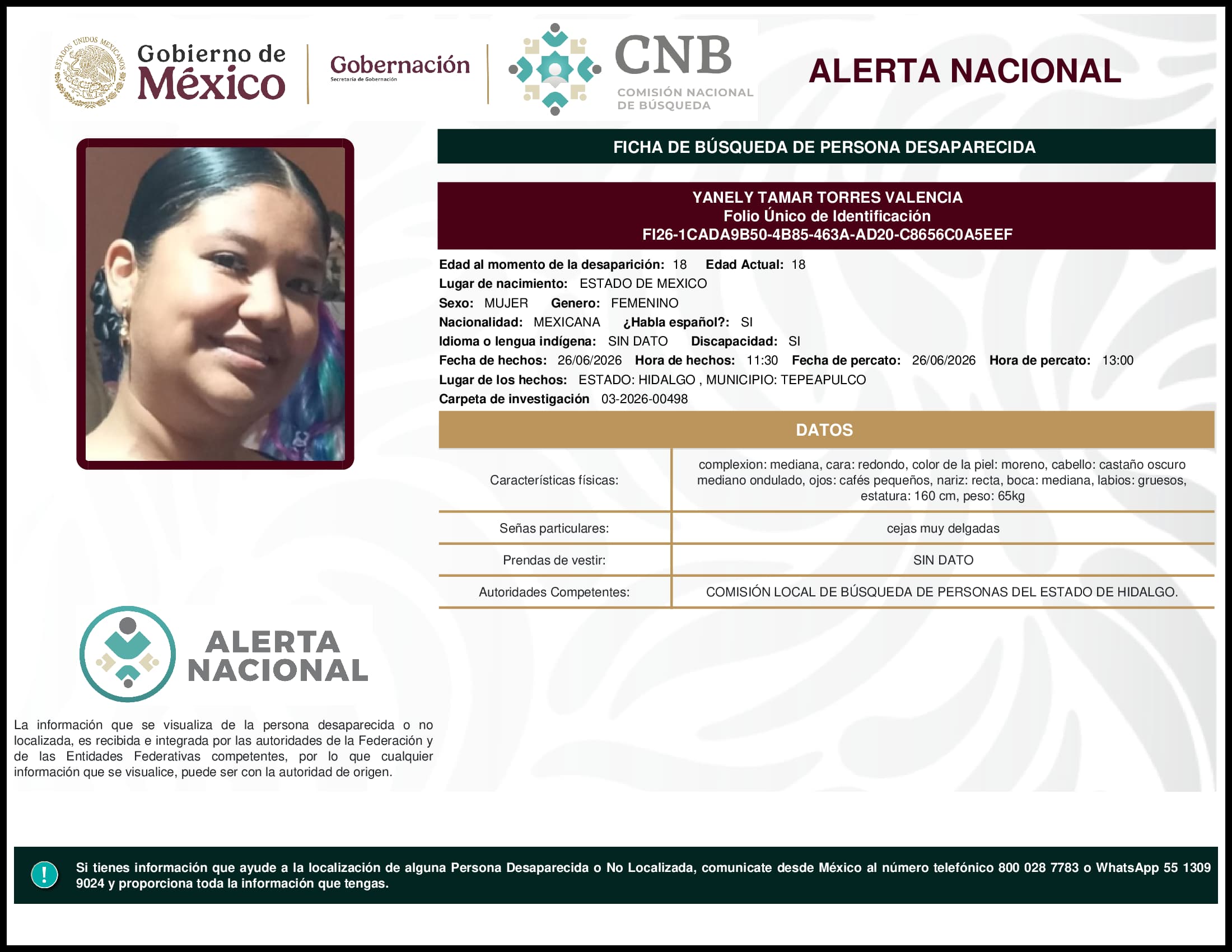 Persona desaparecida Yanely Tamar Torres Valencia