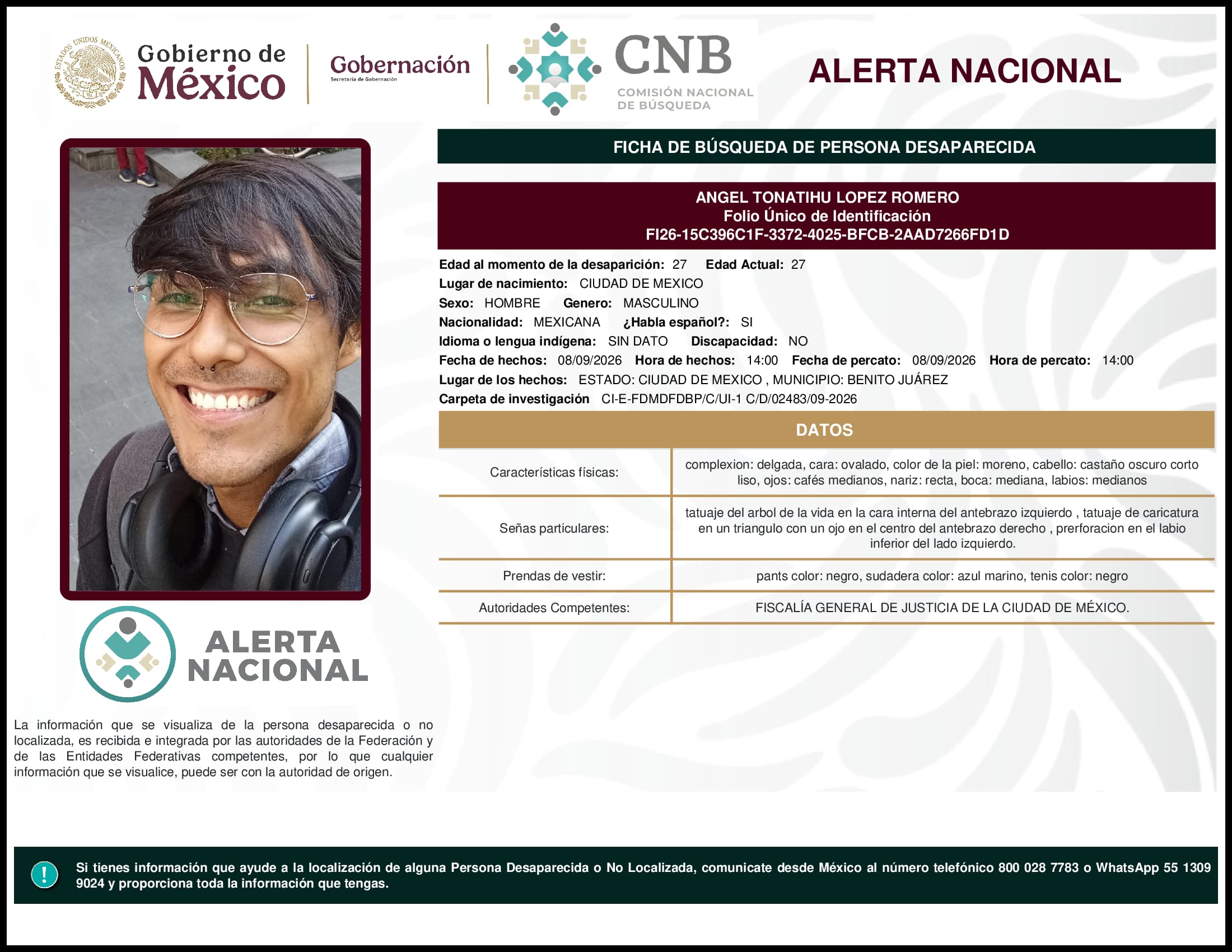Persona desaparecida Angel Tonatihu Lopez Romero