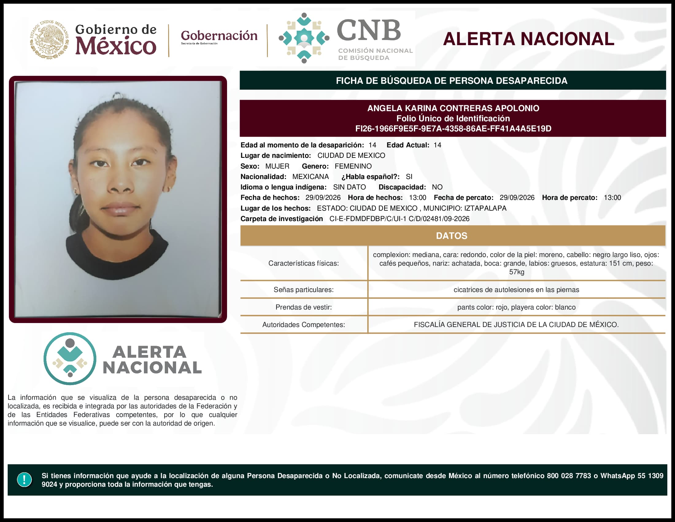 Persona desaparecida Angela Karina Contreras Apolonio
