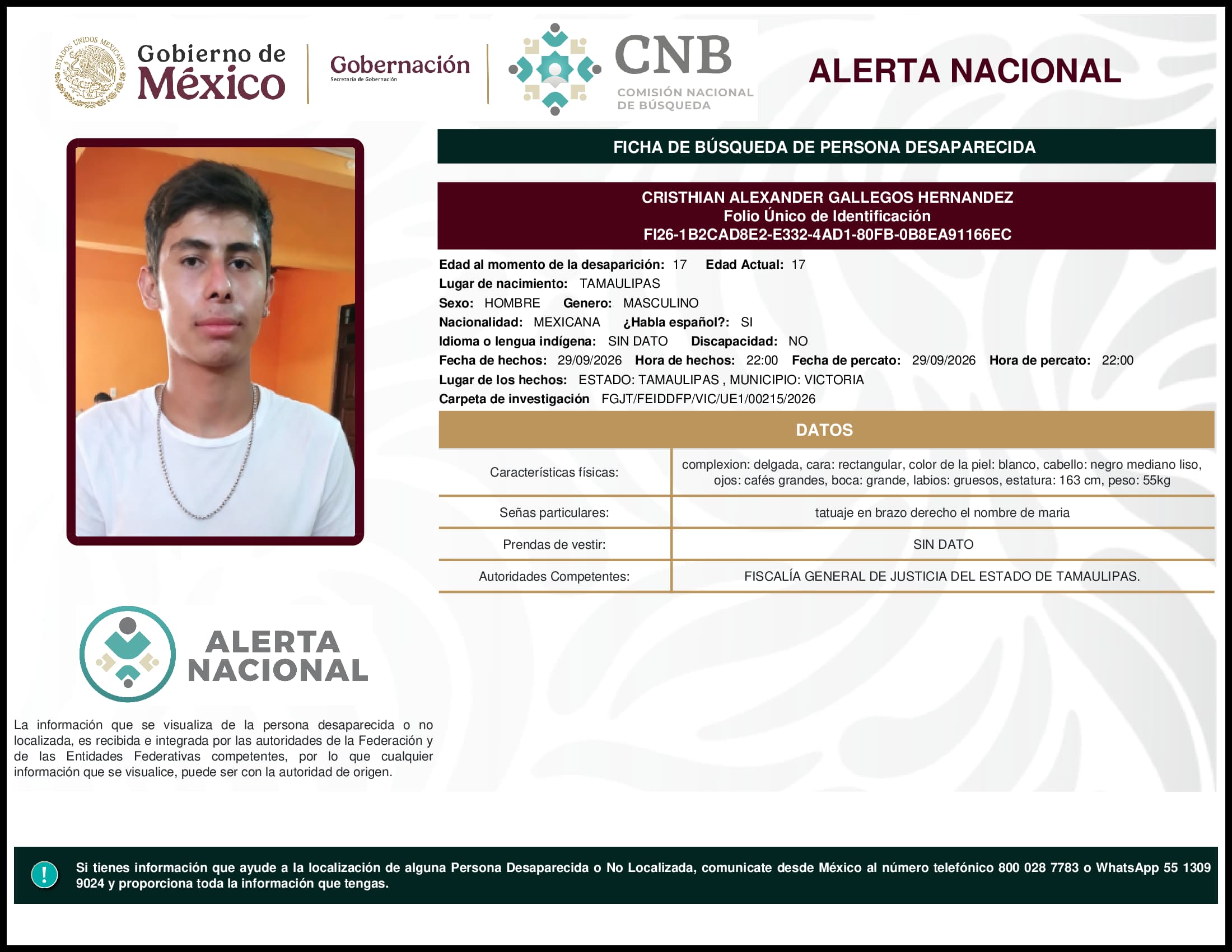 Persona desaparecida Cristhian Alexander Gallegos Hernandez