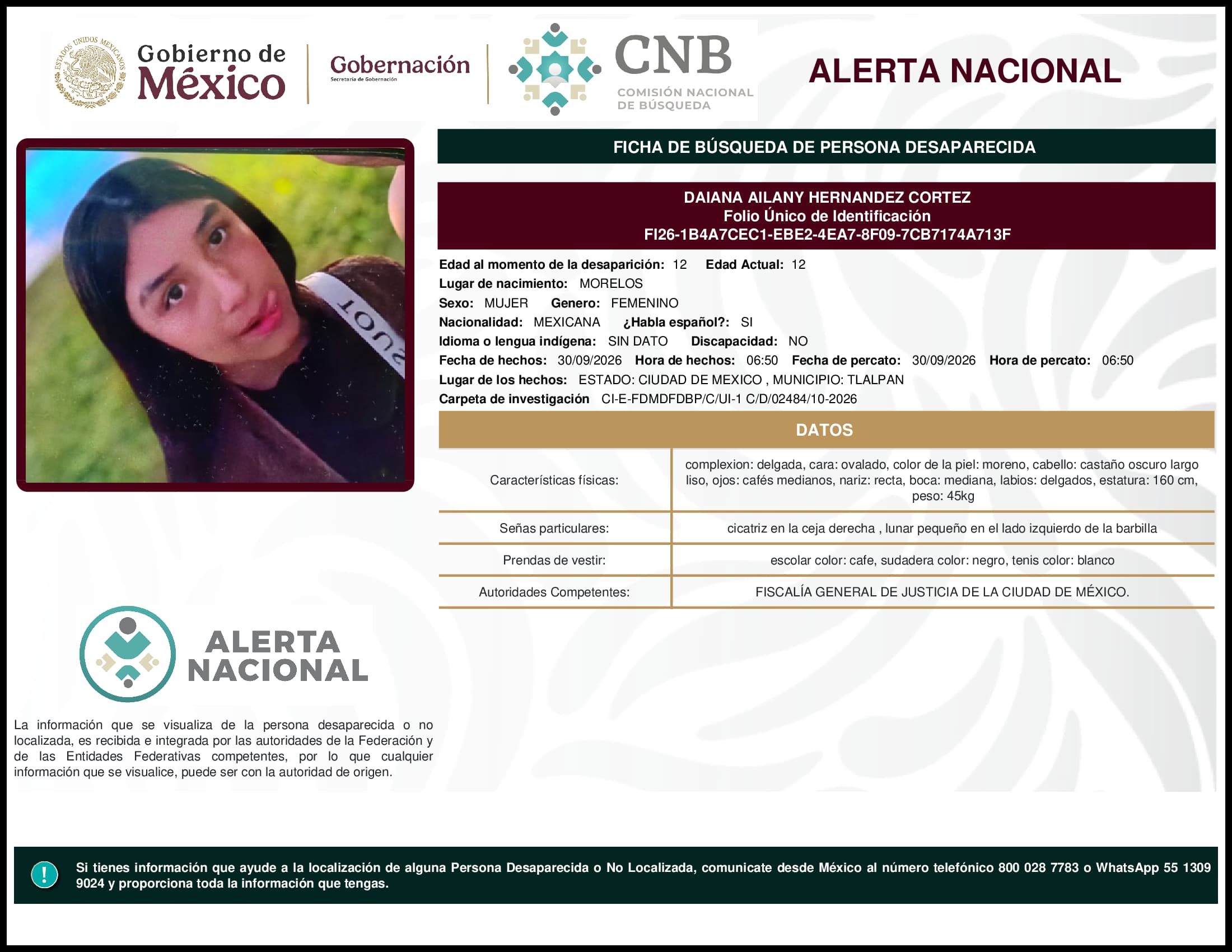 Persona desaparecida Daiana Ailany Hernandez Cortez