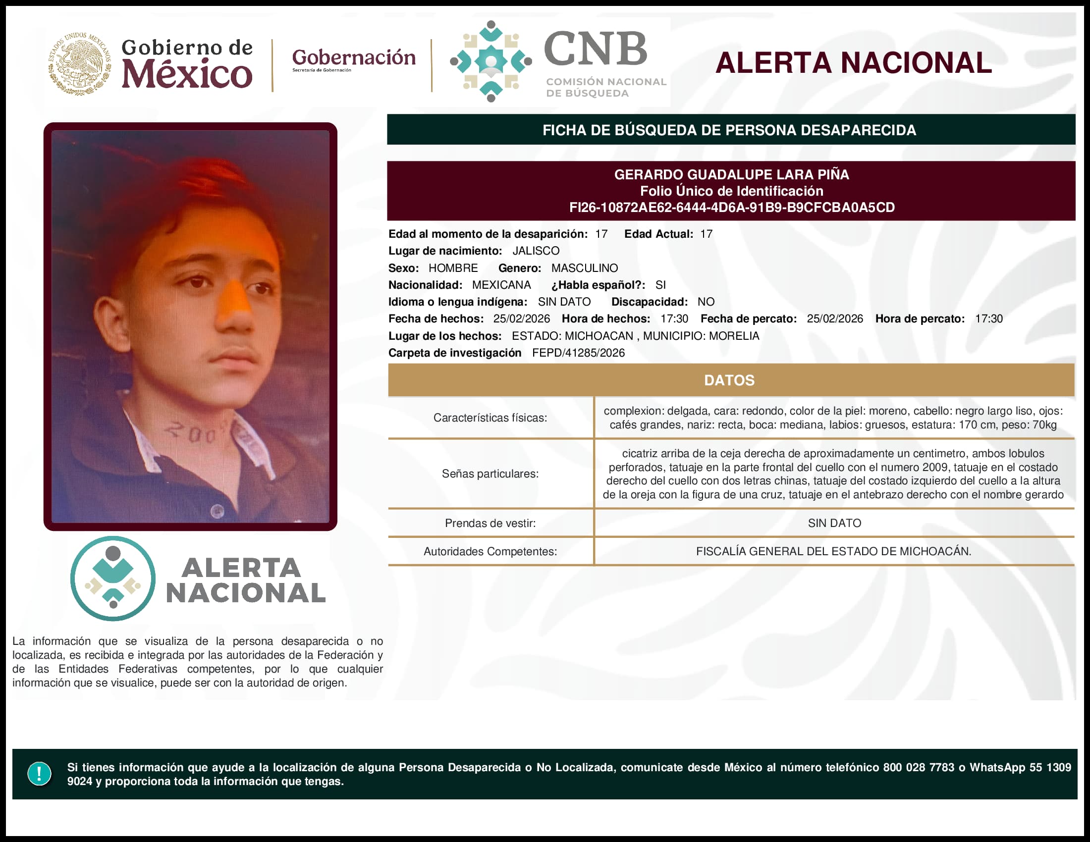 Persona desaparecida Gerardo Guadalupe Lara Pina