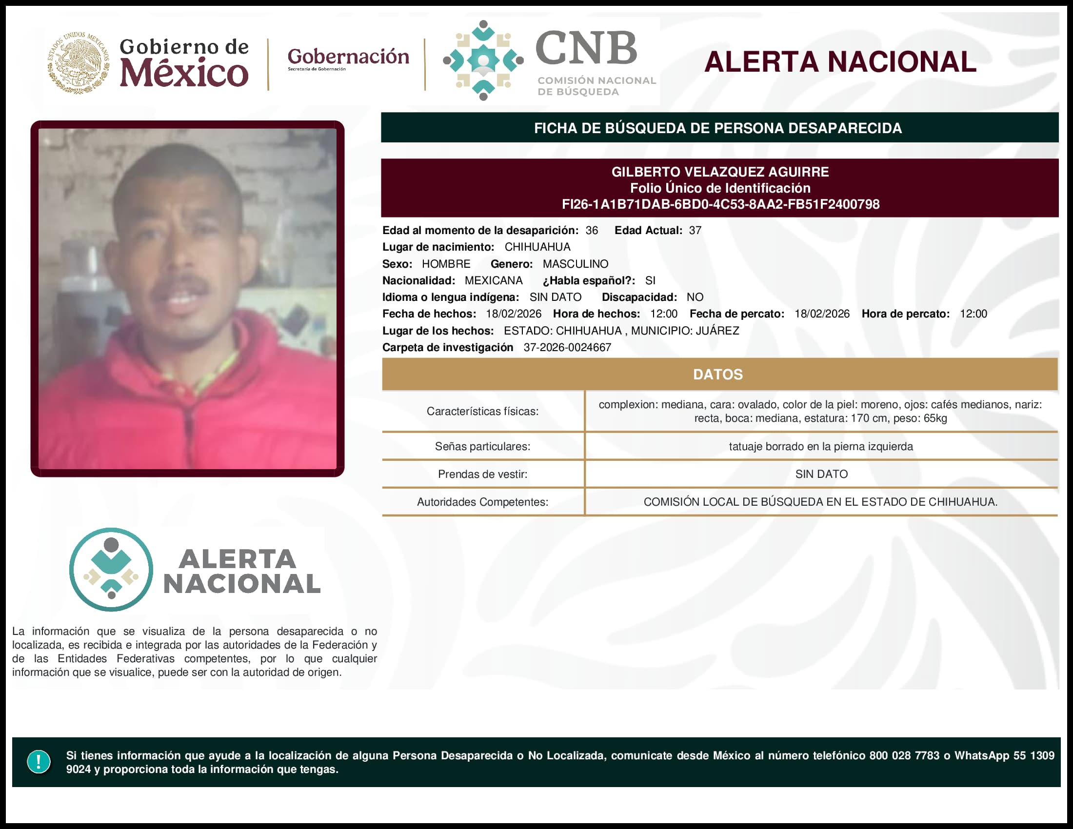 Persona desaparecida Gilberto Velazquez Aguirre