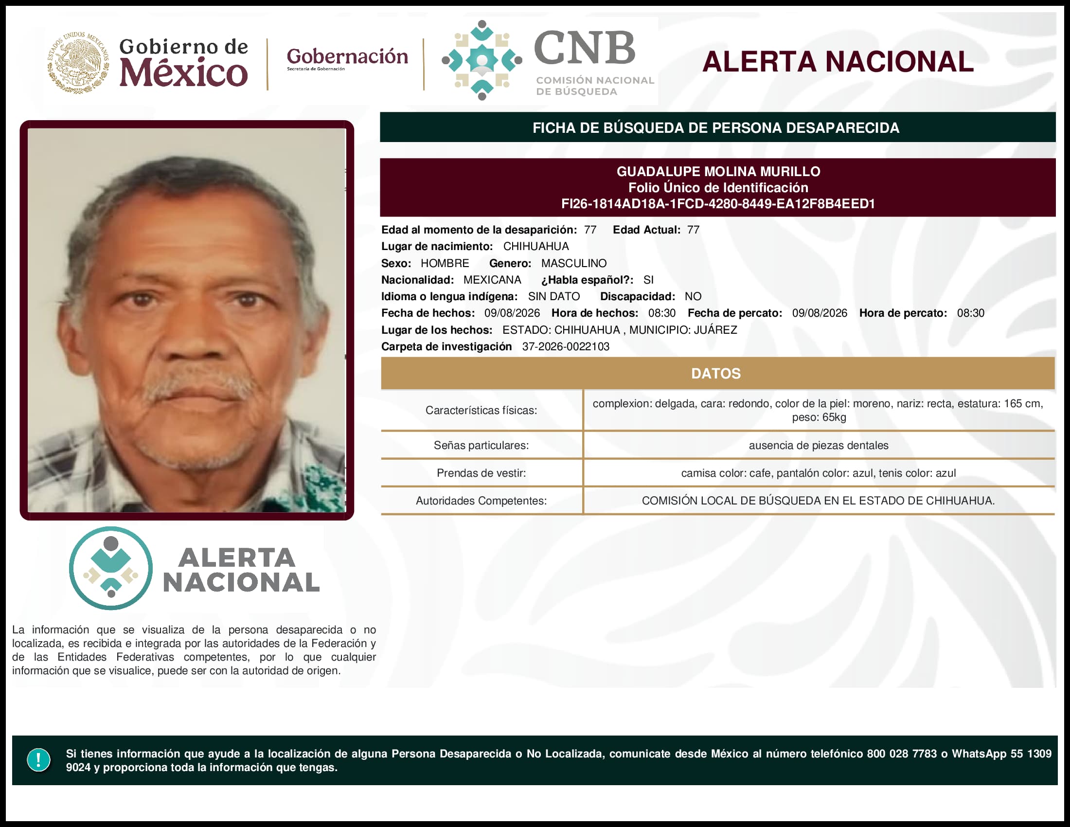 Persona desaparecida Guadalupe Molina Murillo