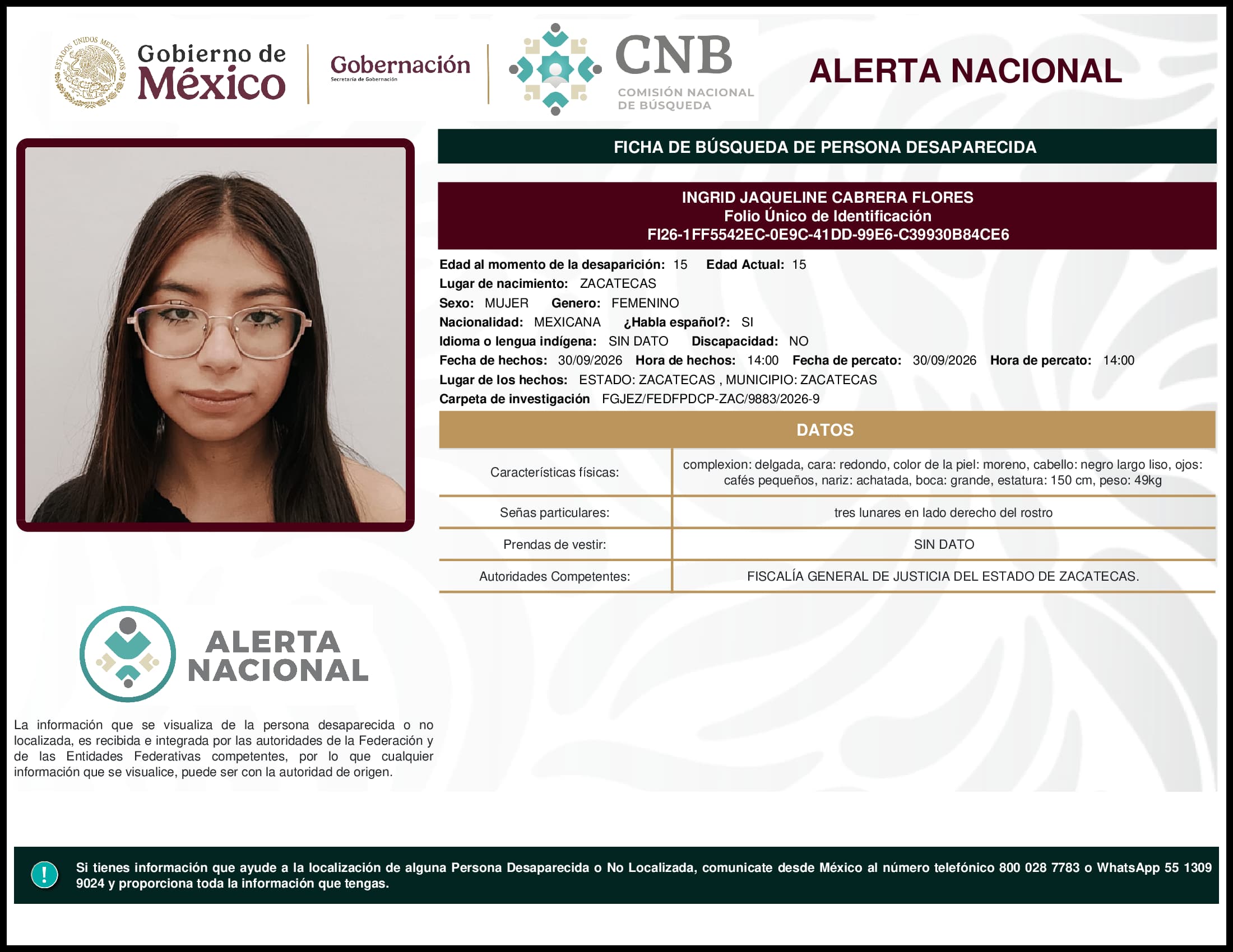Persona desaparecida Ingrid Jaqueline Cabrera Flores