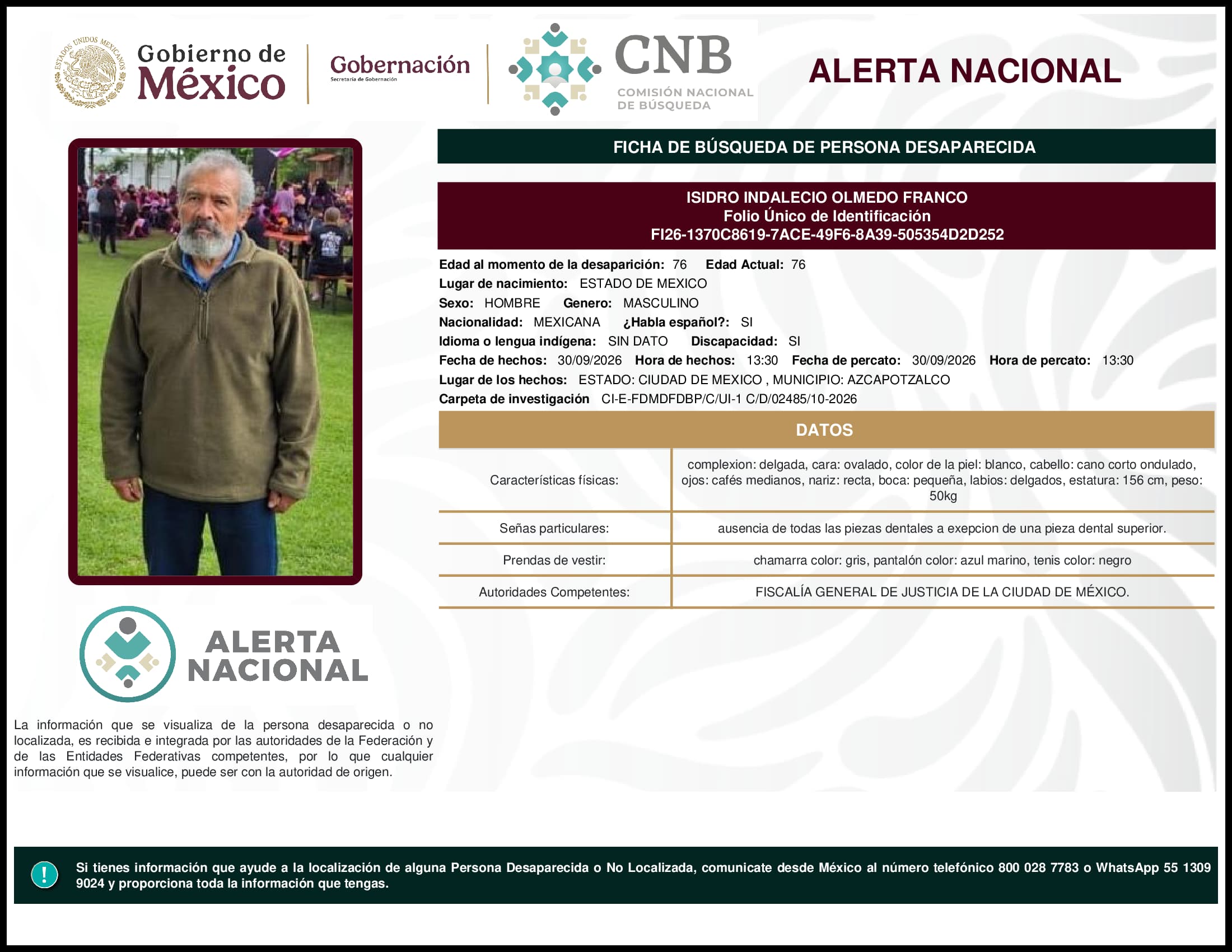 Persona desaparecida Isidro Indalecio Olmedo Franco