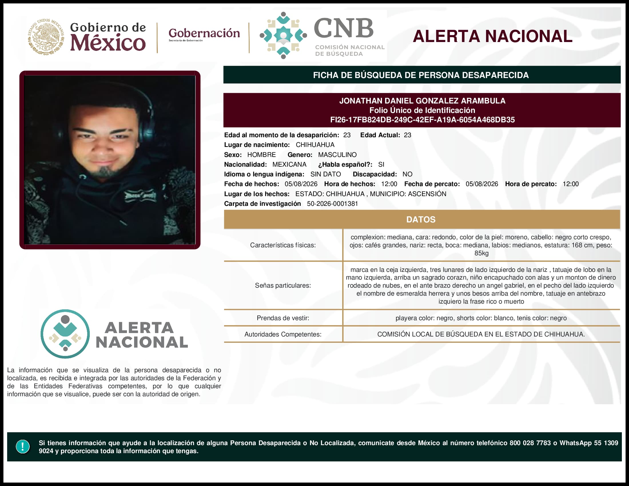Persona desaparecida Jonathan Daniel Gonzalez Arambula