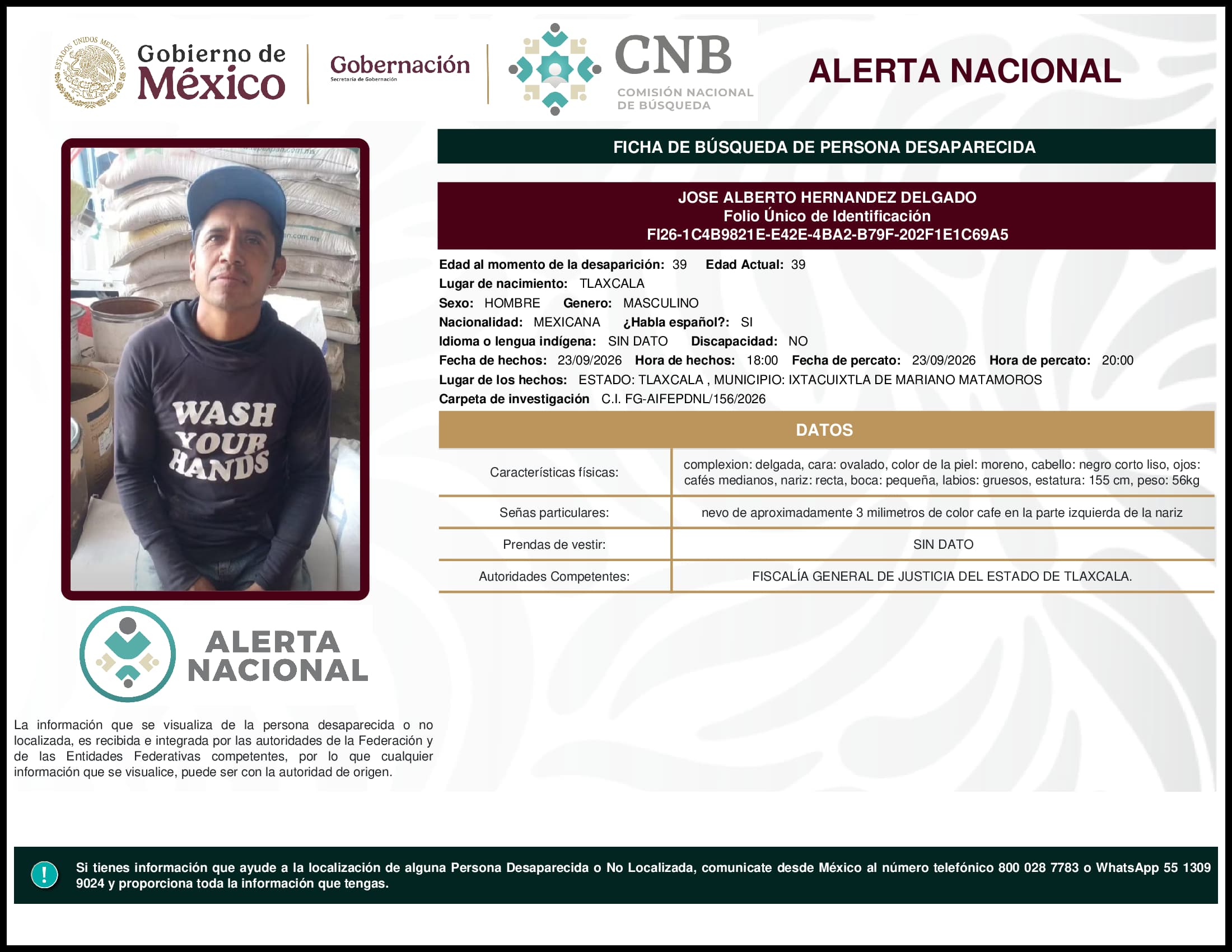 Persona desaparecida Jose Alberto Hernandez Delgado