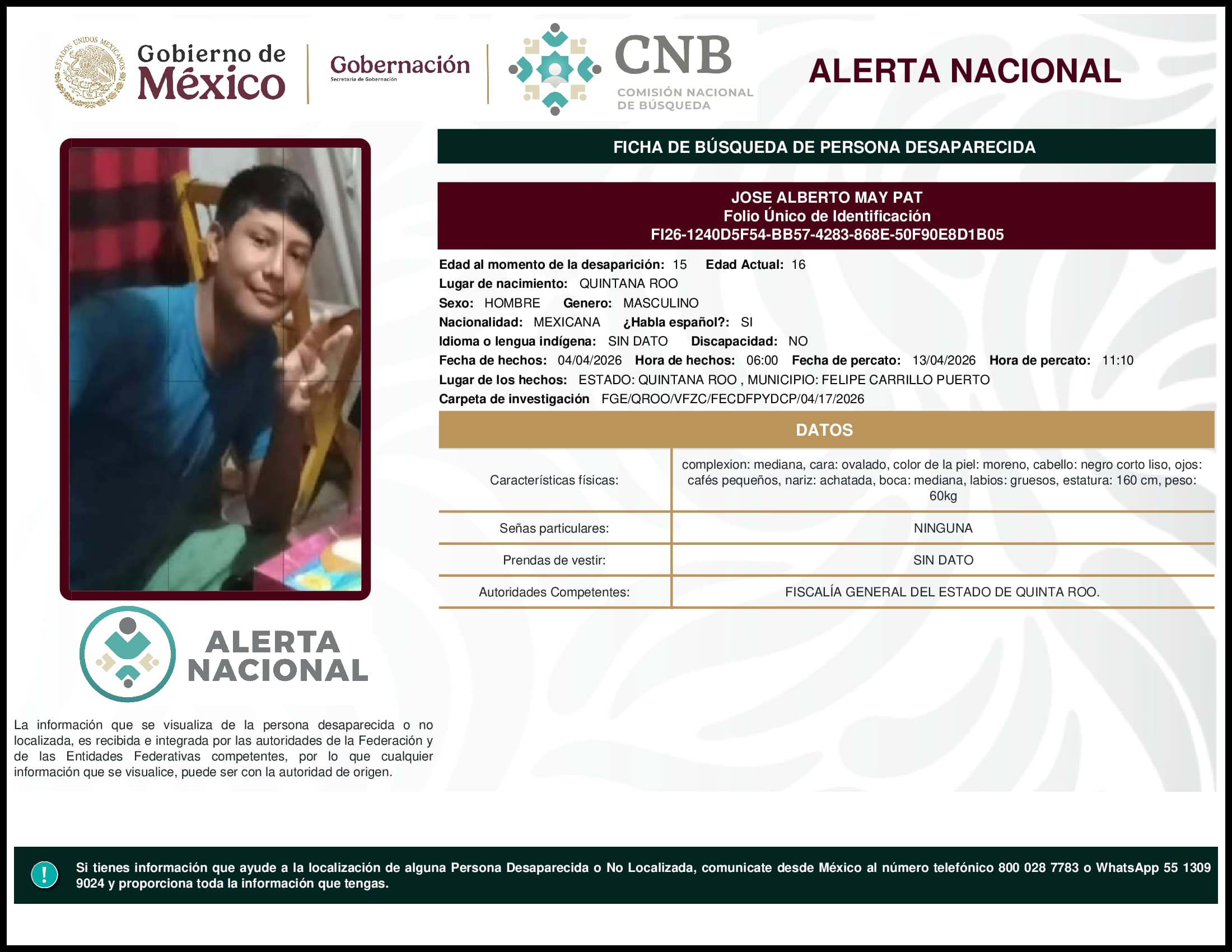 Persona desaparecida Jose Alberto May Pat