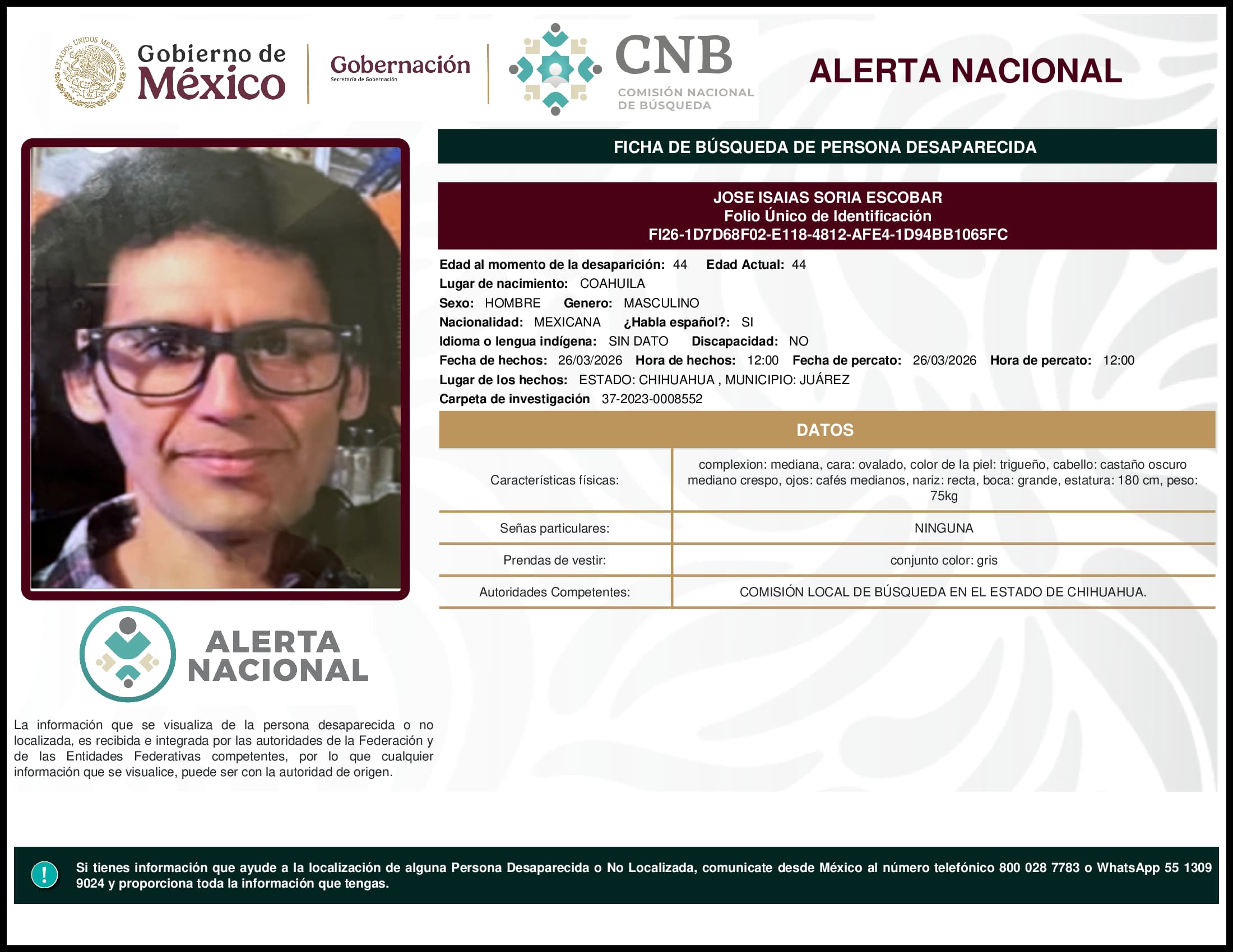 Persona desaparecida Jose Isaias Soria Escobar