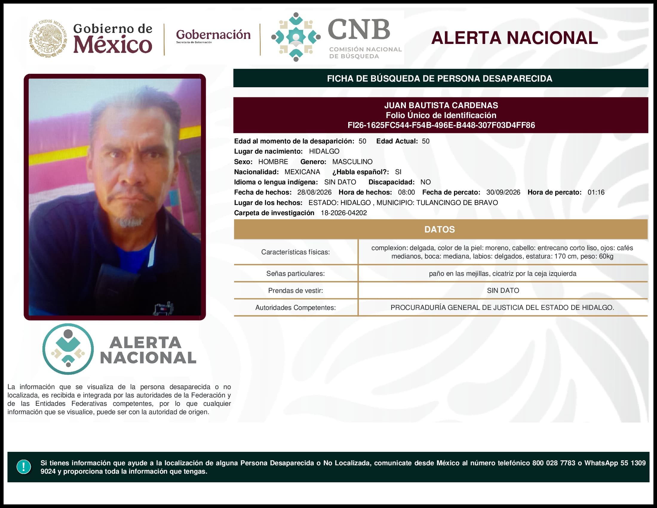Persona desaparecida Juan Bautista Cardenas