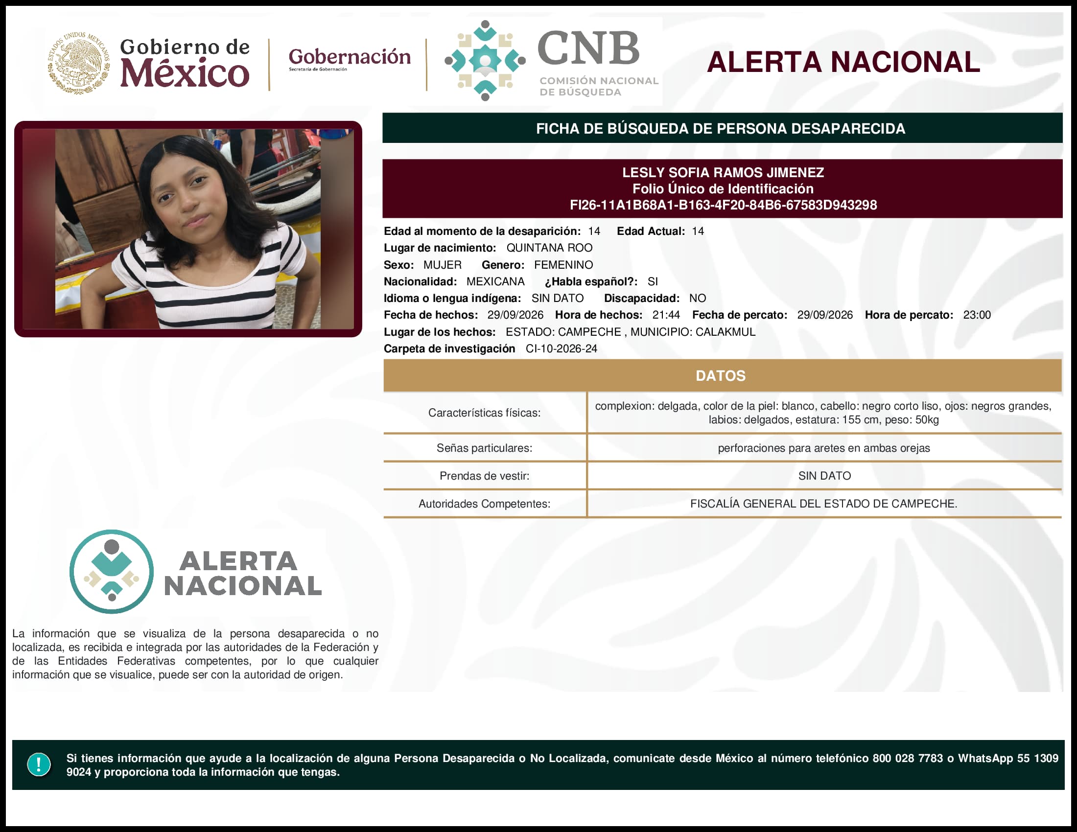 Persona desaparecida Lesly Sofia Ramos Jimenez
