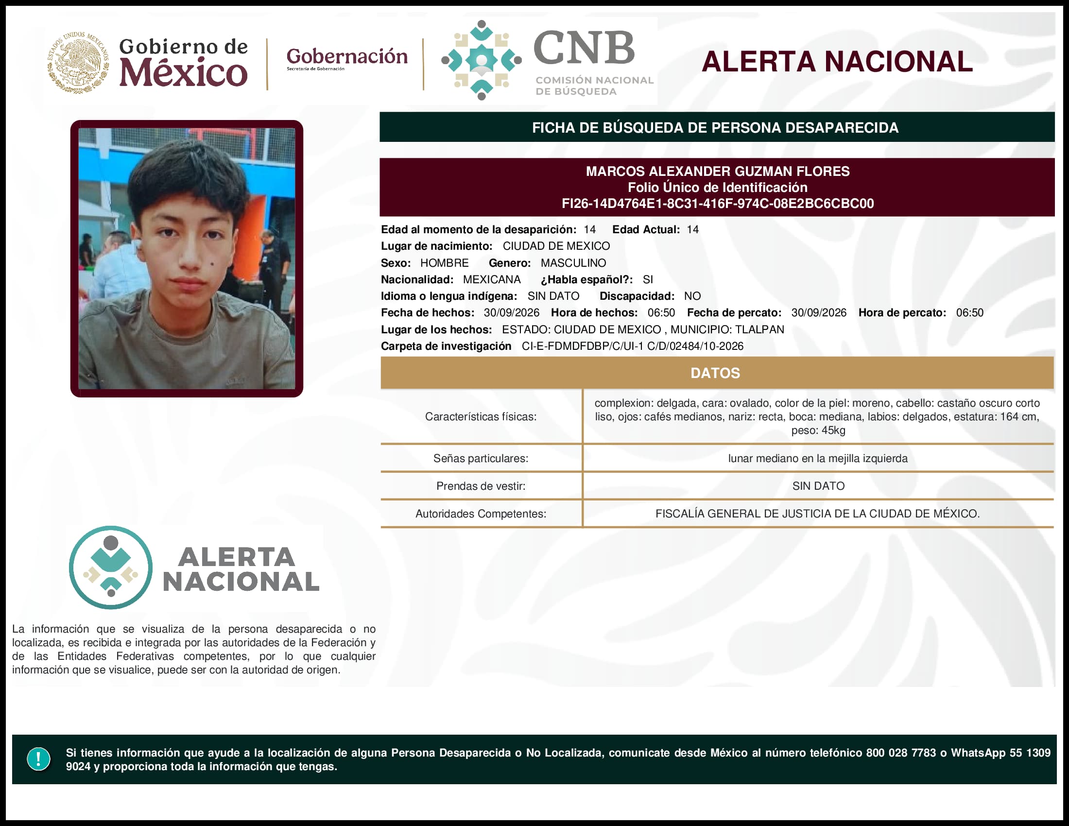 Persona desaparecida Marcos Alexander Guzman Flores
