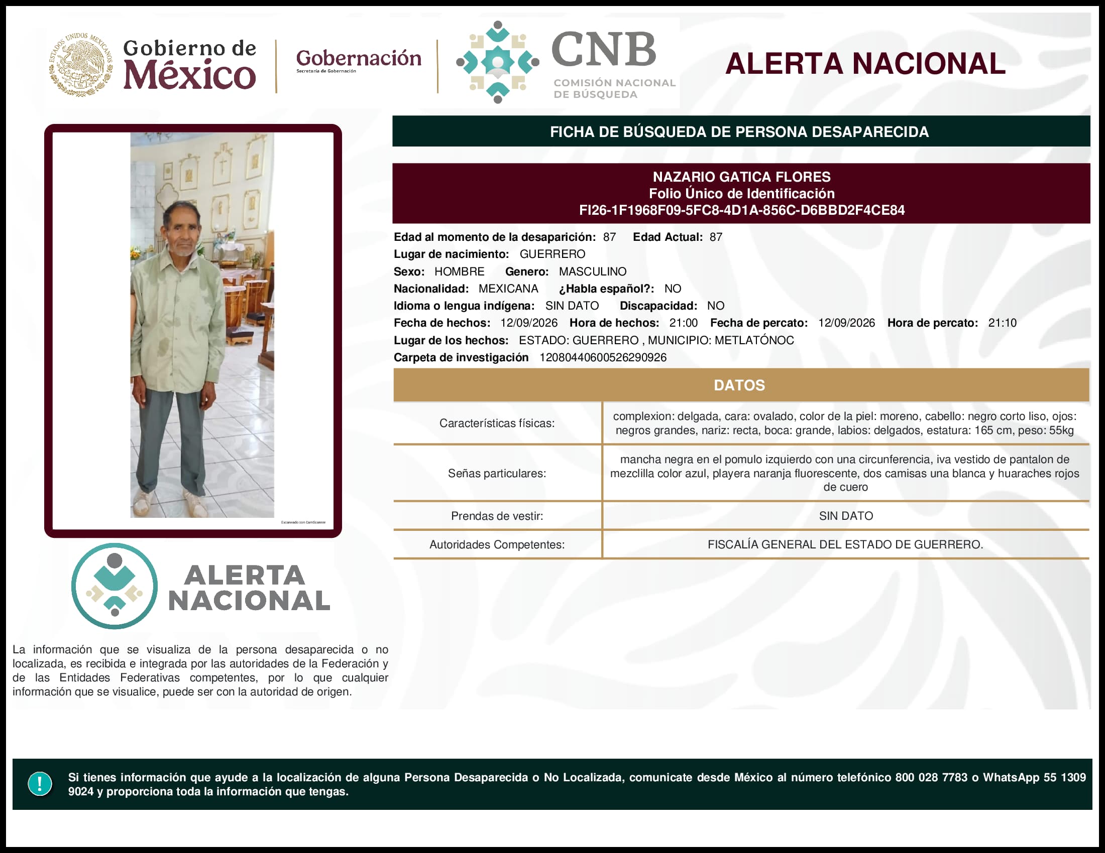 Persona desaparecida Nazario Gatica Flores