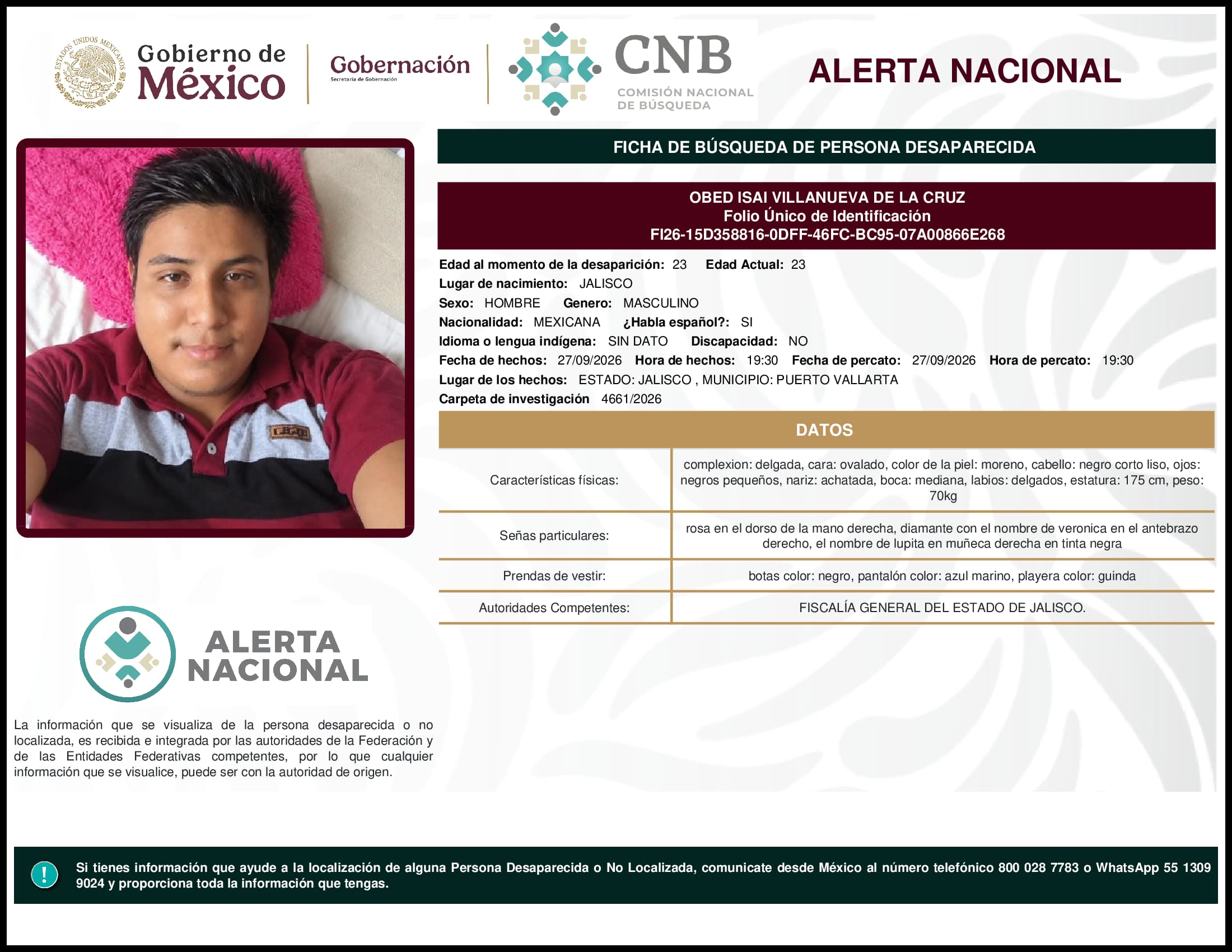 Persona desaparecida Obed Isai Villanueva De La Cruz