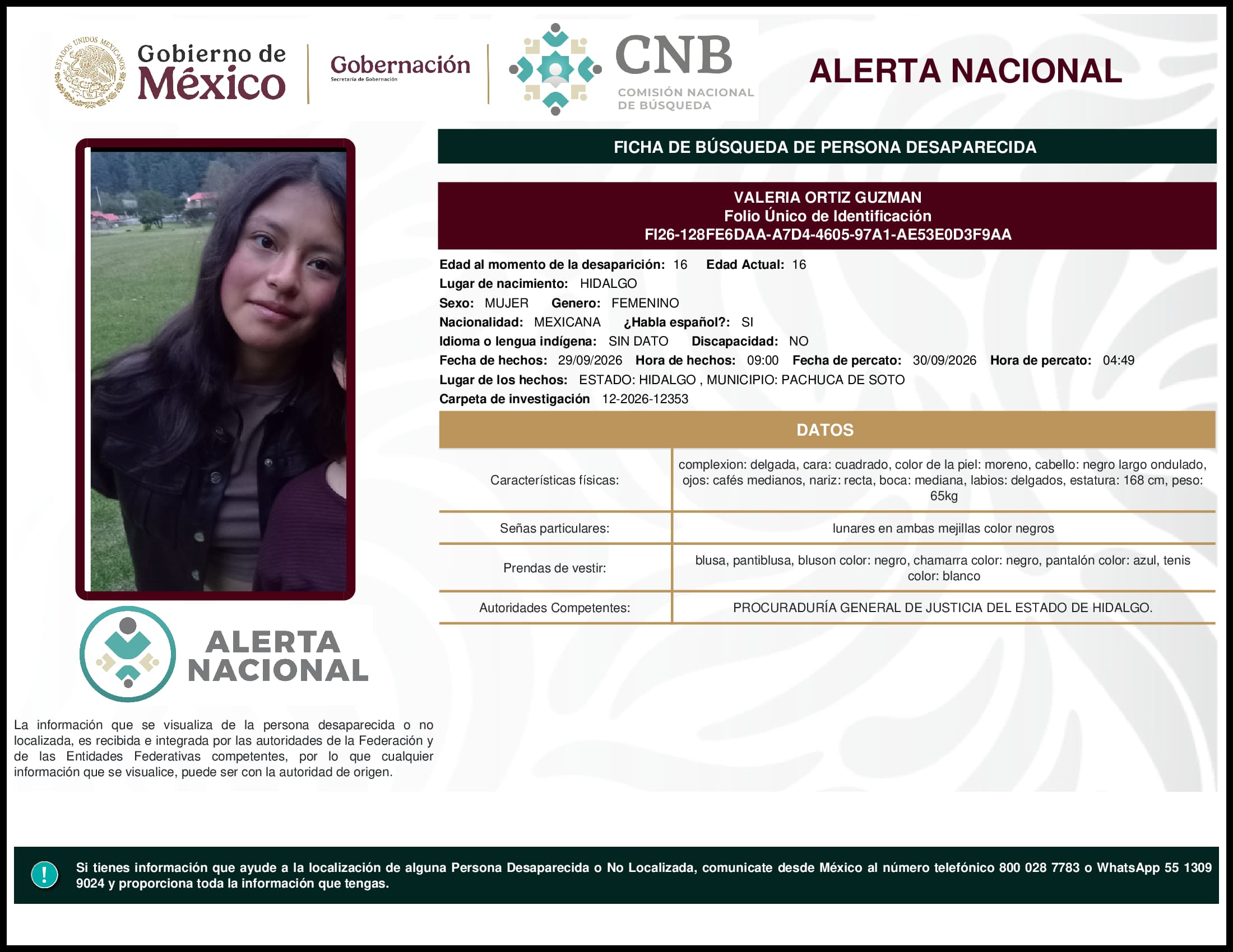 Persona desaparecida Valeria Ortiz Guzman