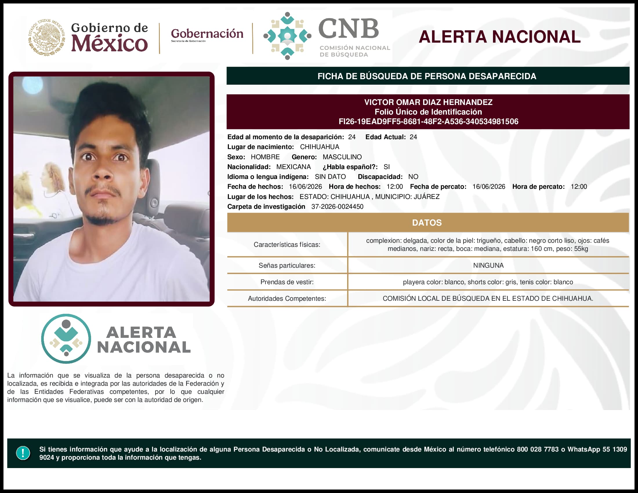 Persona desaparecida Victor Omar Diaz Hernandez