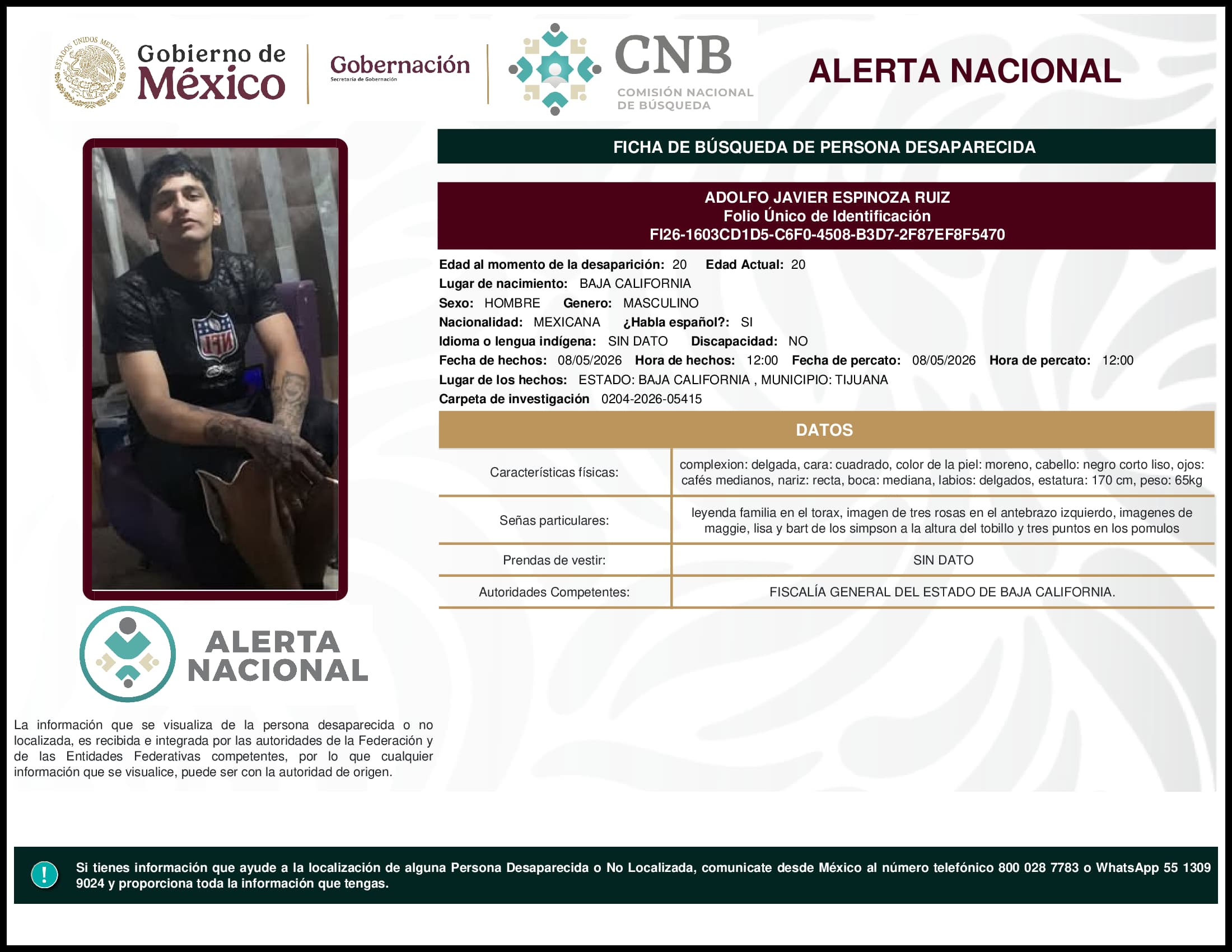 Persona desaparecida Adolfo Javier Espinoza Ruiz