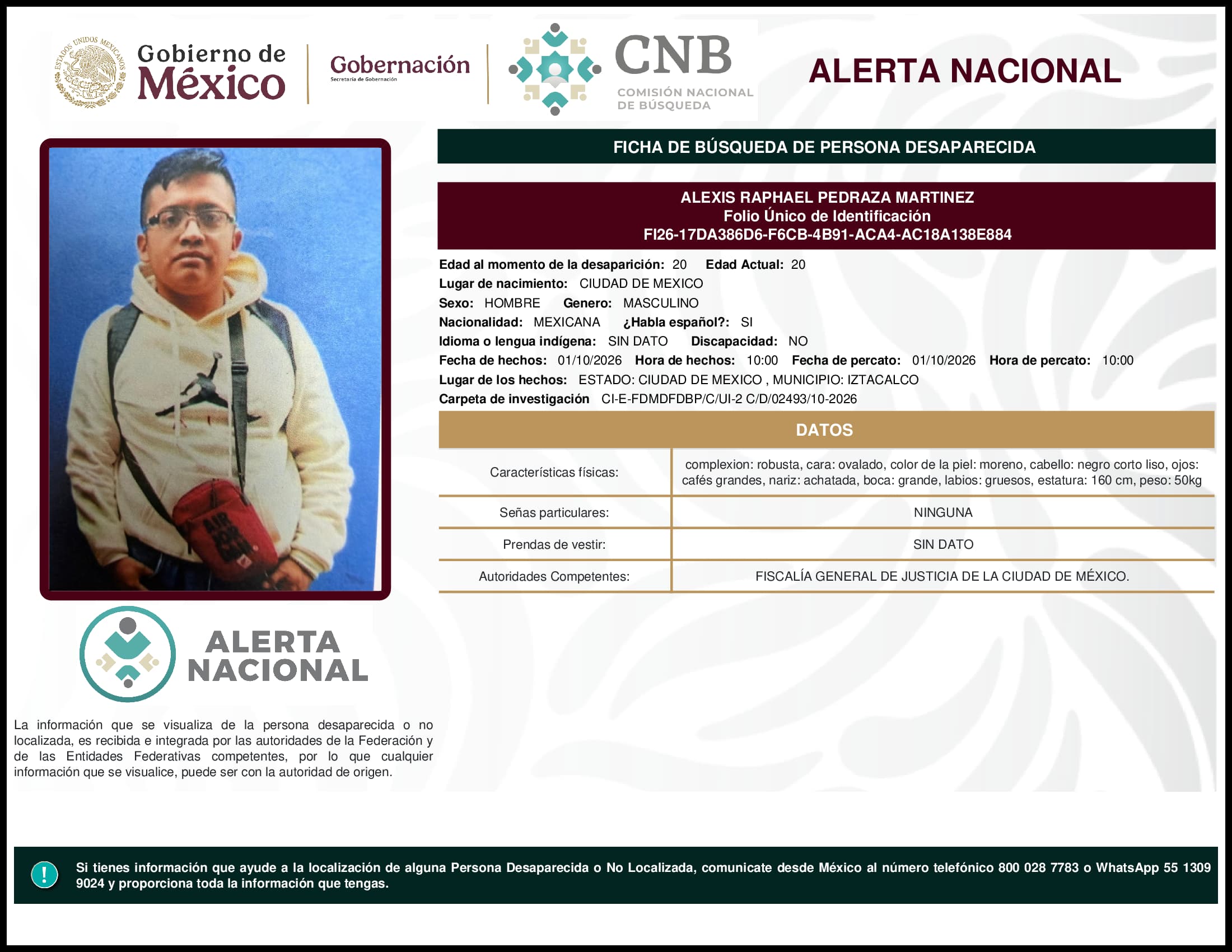 Persona desaparecida Alexis Raphael Pedraza Martinez