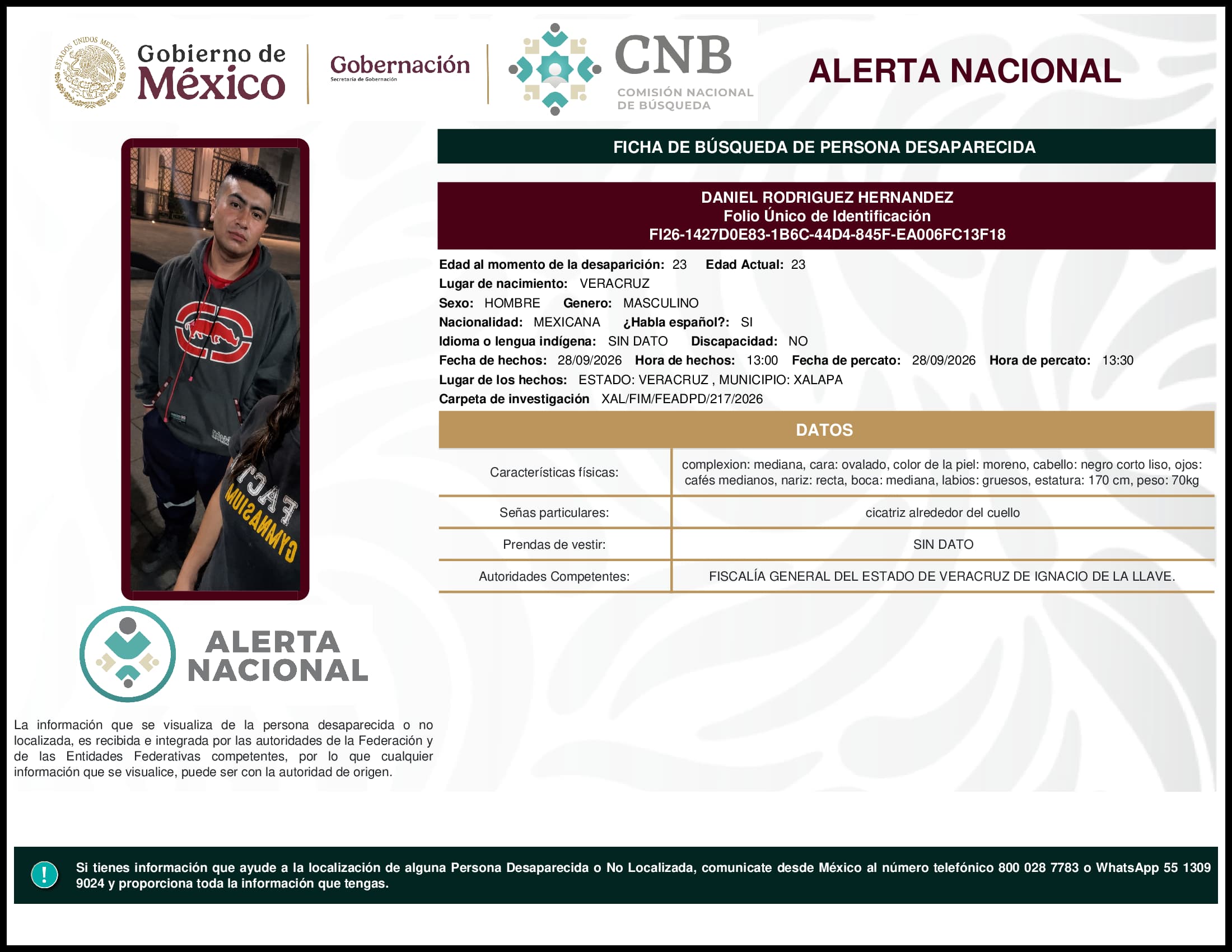 Persona desaparecida Daniel Rodriguez Hernandez