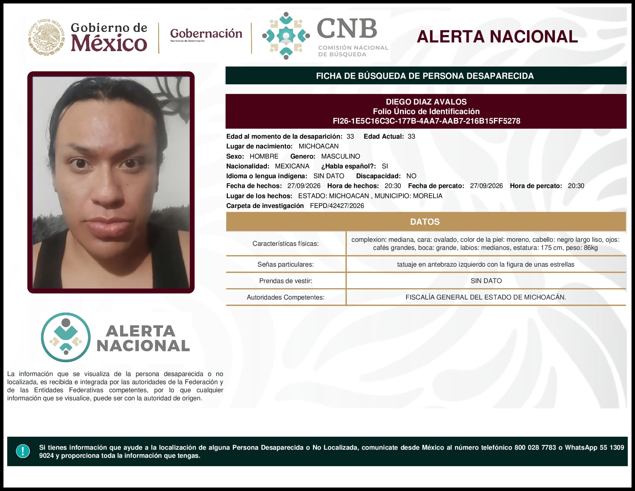 Persona desaparecida Diego Diaz Avalos