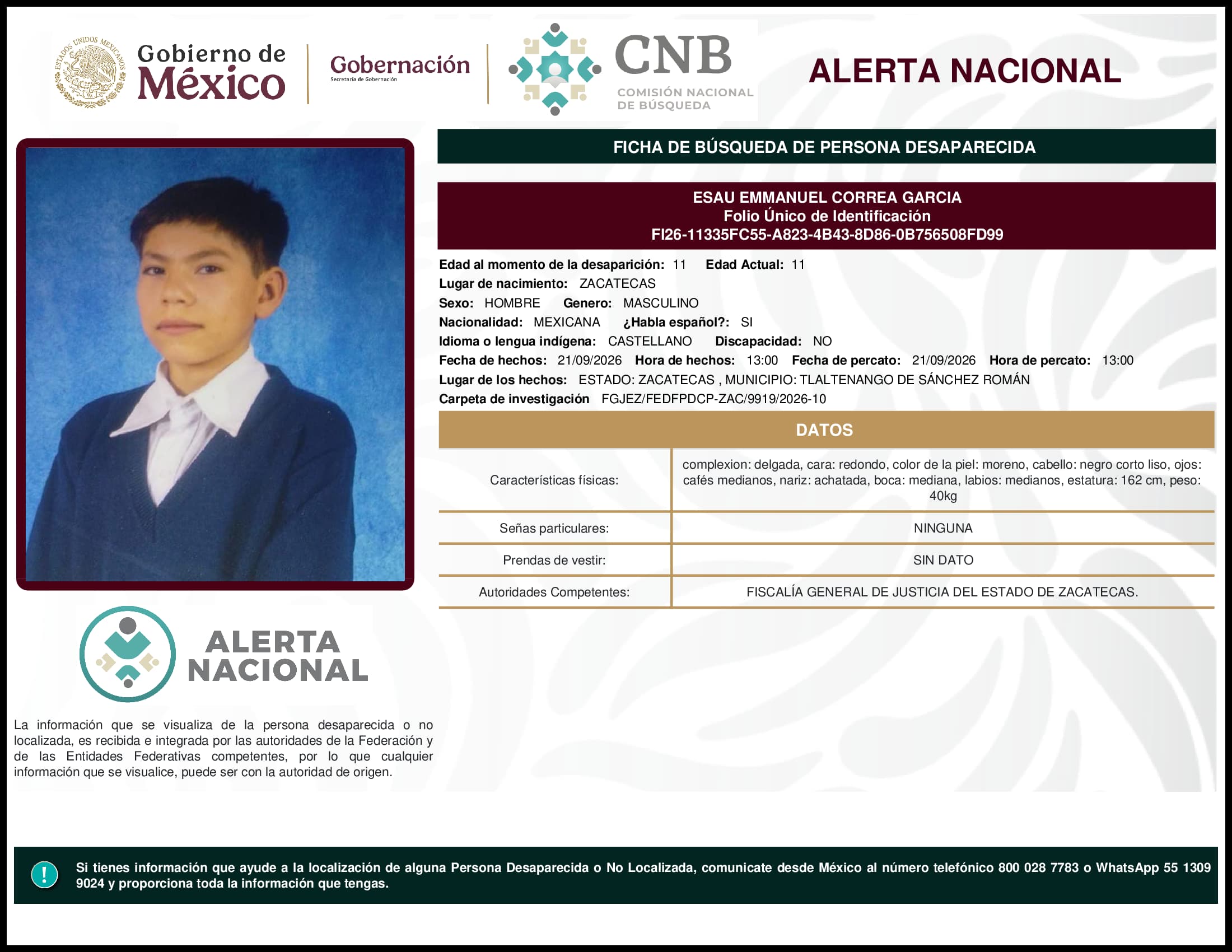 Persona desaparecida Esau Emmanuel Correa Garcia