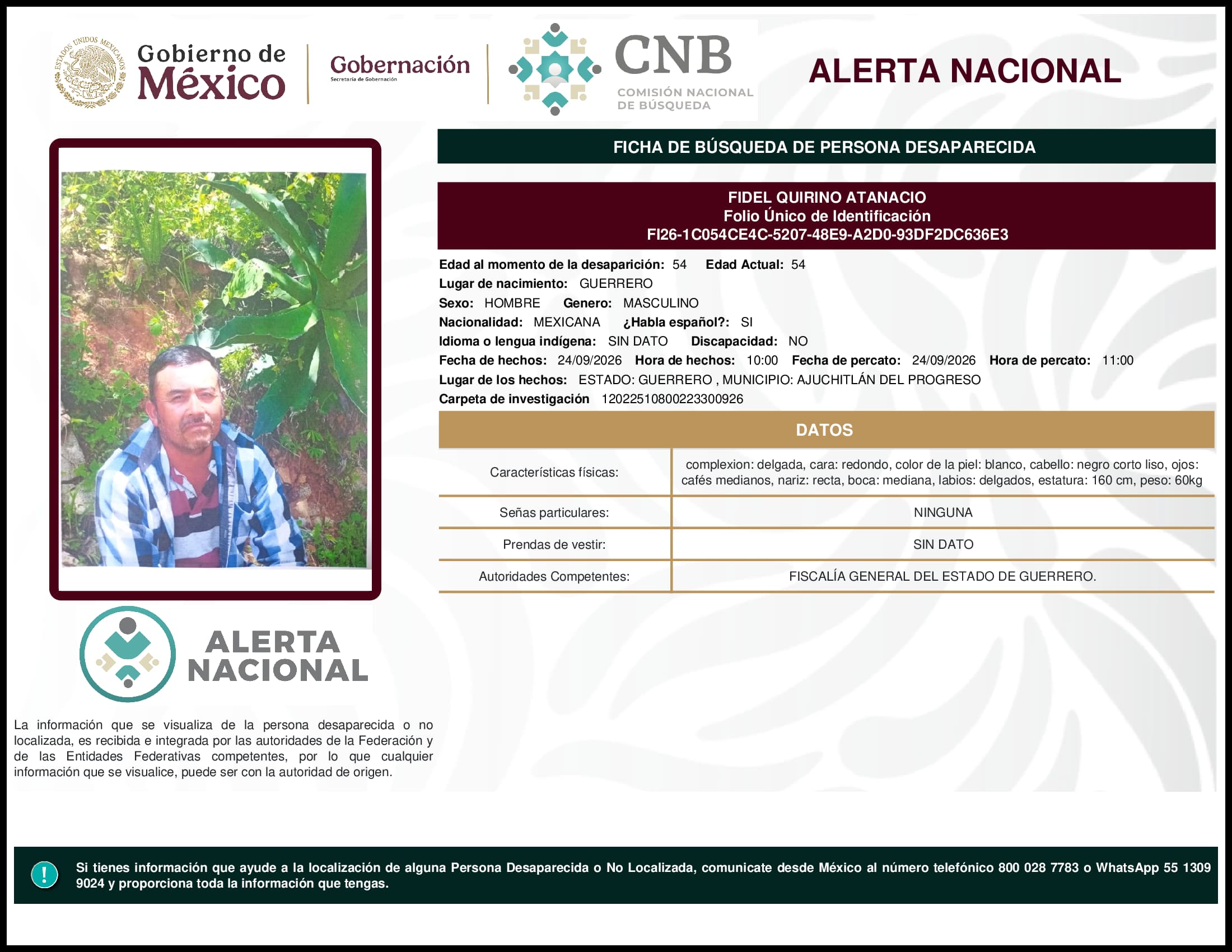 Persona desaparecida Fidel Quirino Atanacio