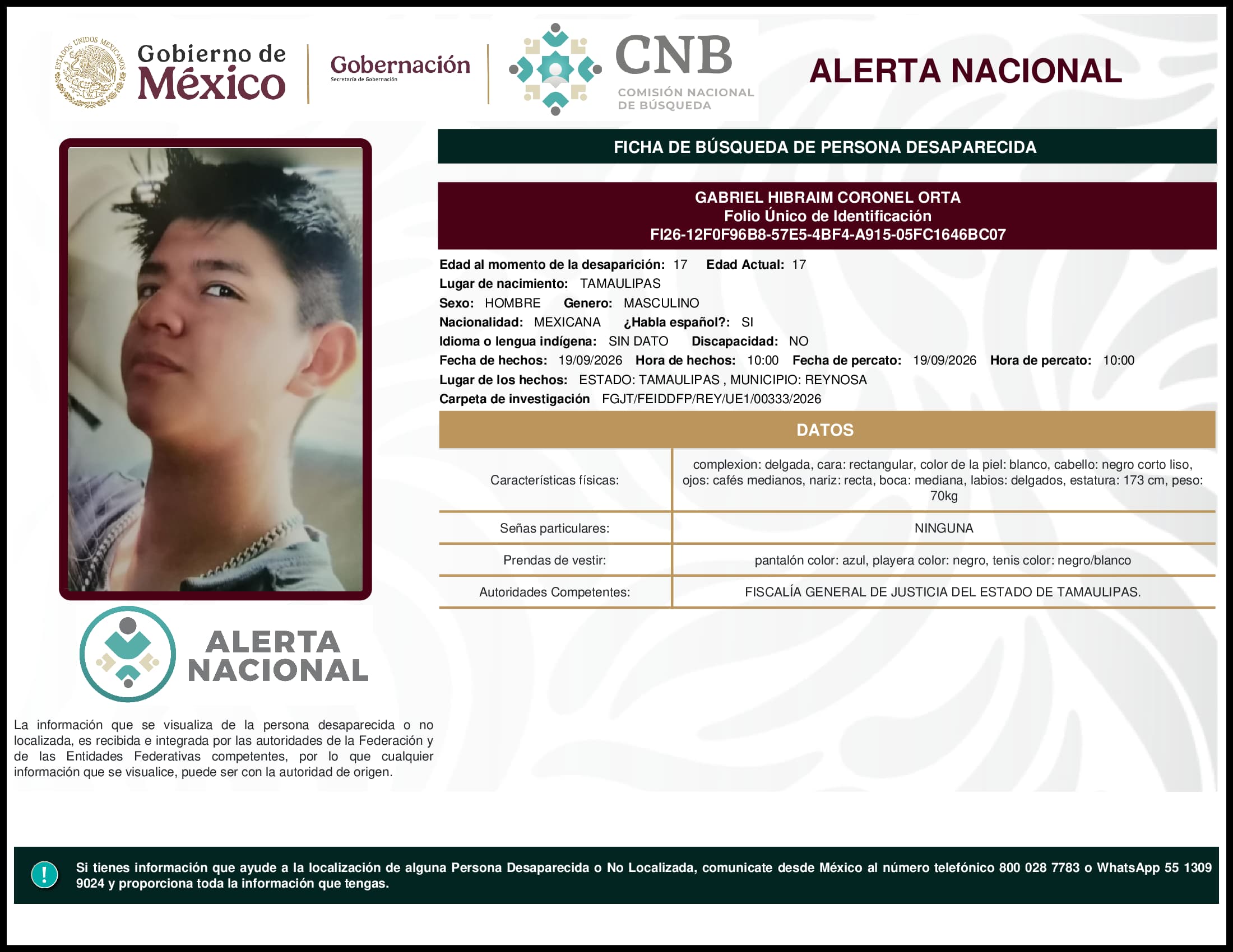 Persona desaparecida Gabriel Hibraim Coronel Orta