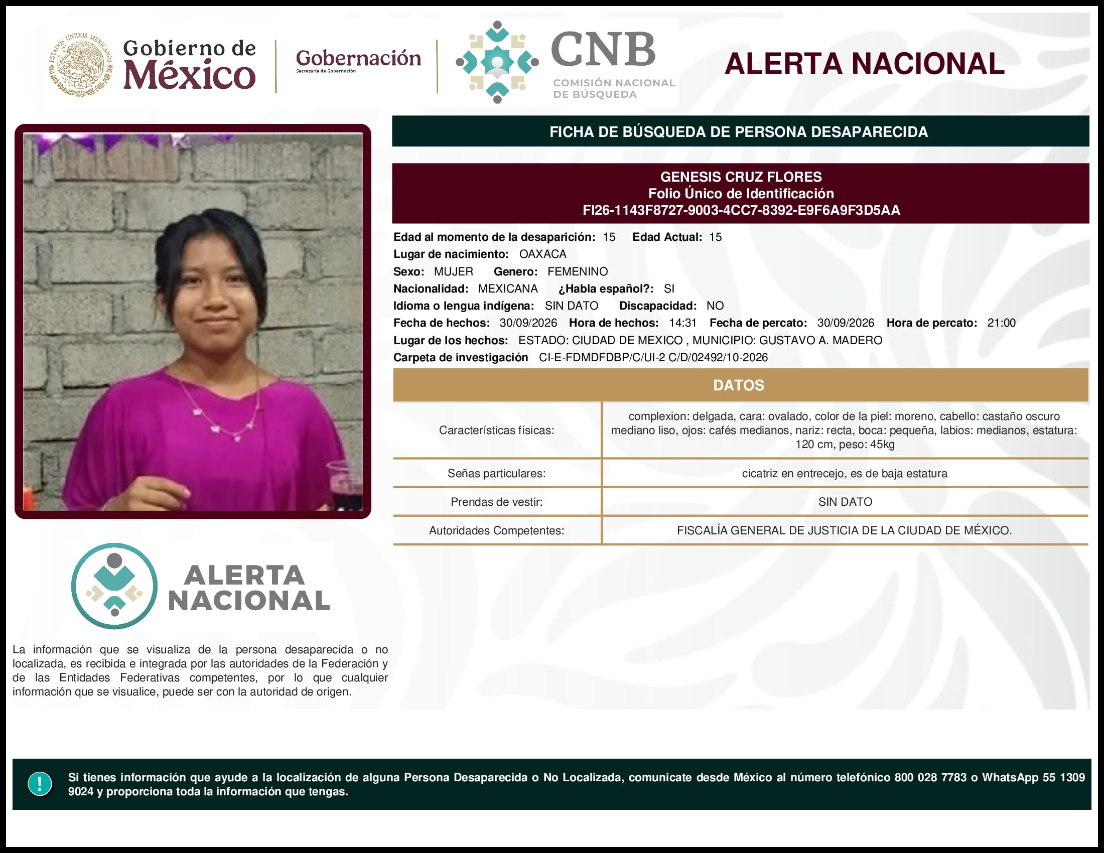 Persona desaparecida Genesis Cruz Flores