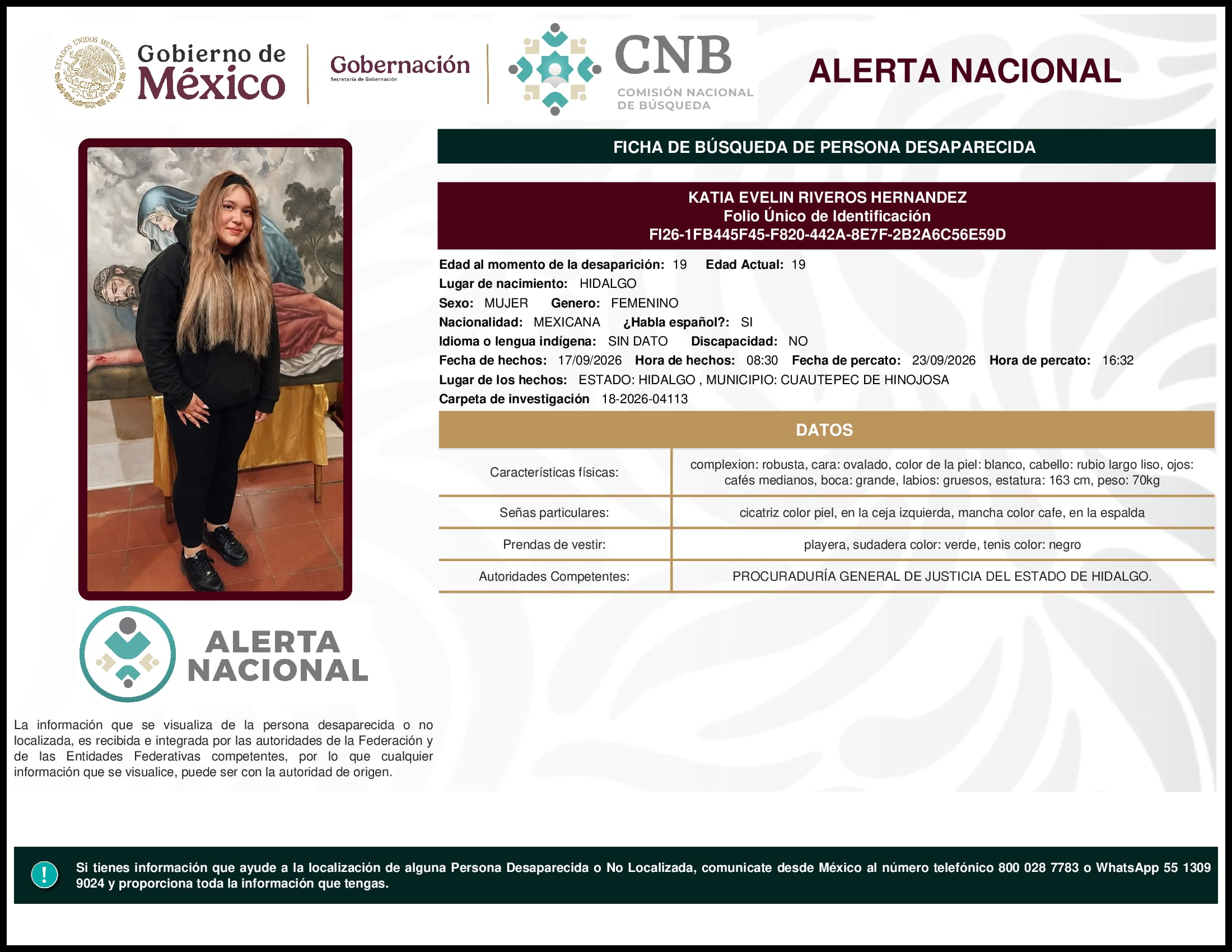 Persona desaparecida Katia Evelin Riveros Hernandez