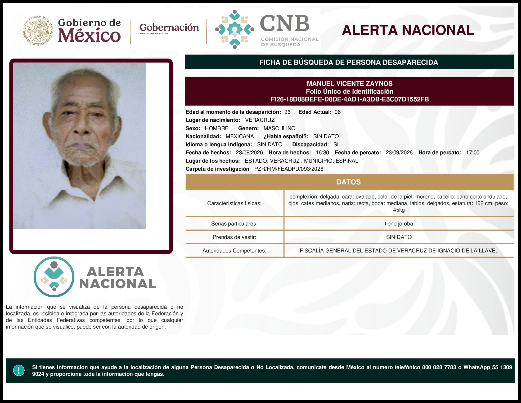 Persona desaparecida Manuel Vicente Zaynos