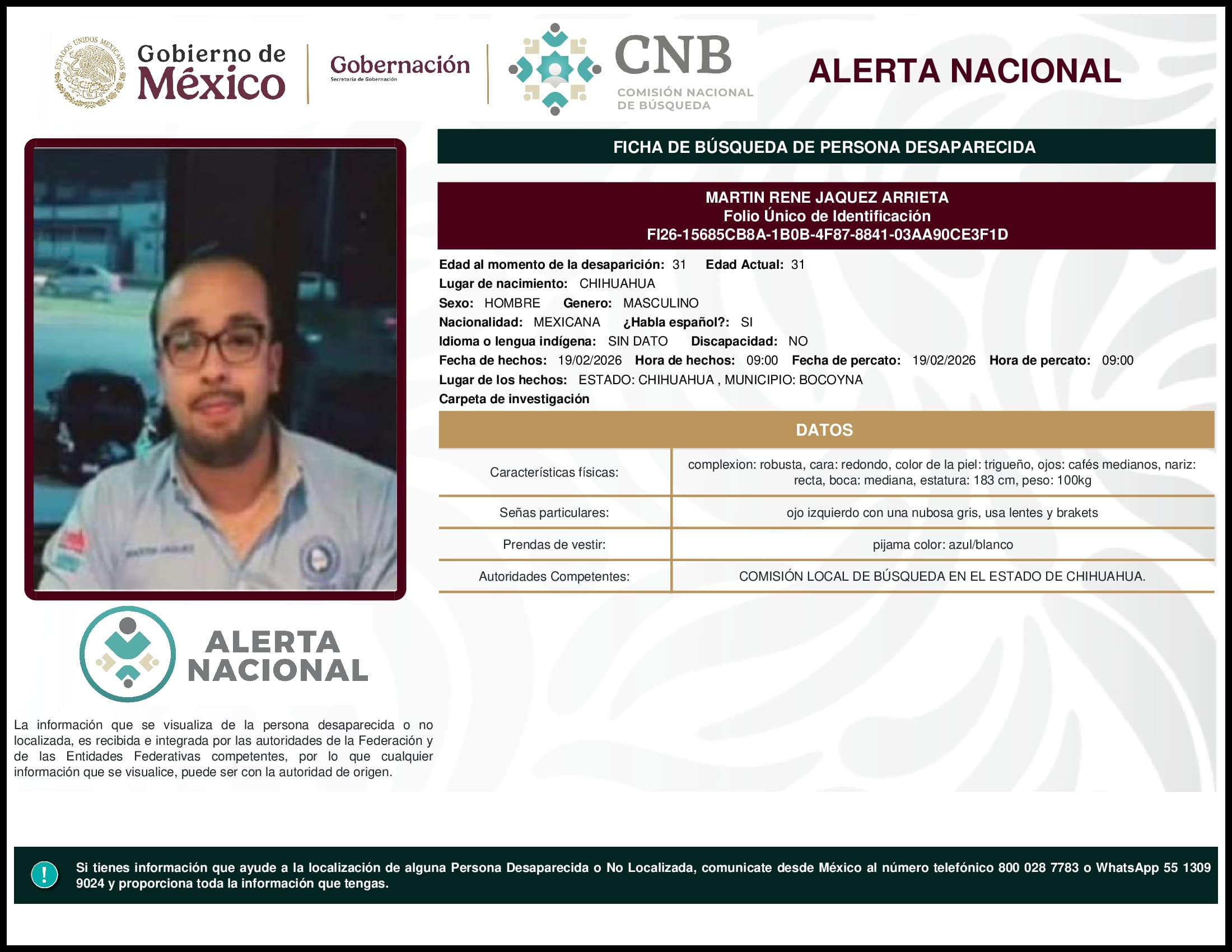 Persona desaparecida Martin Rene Jaquez Arrieta