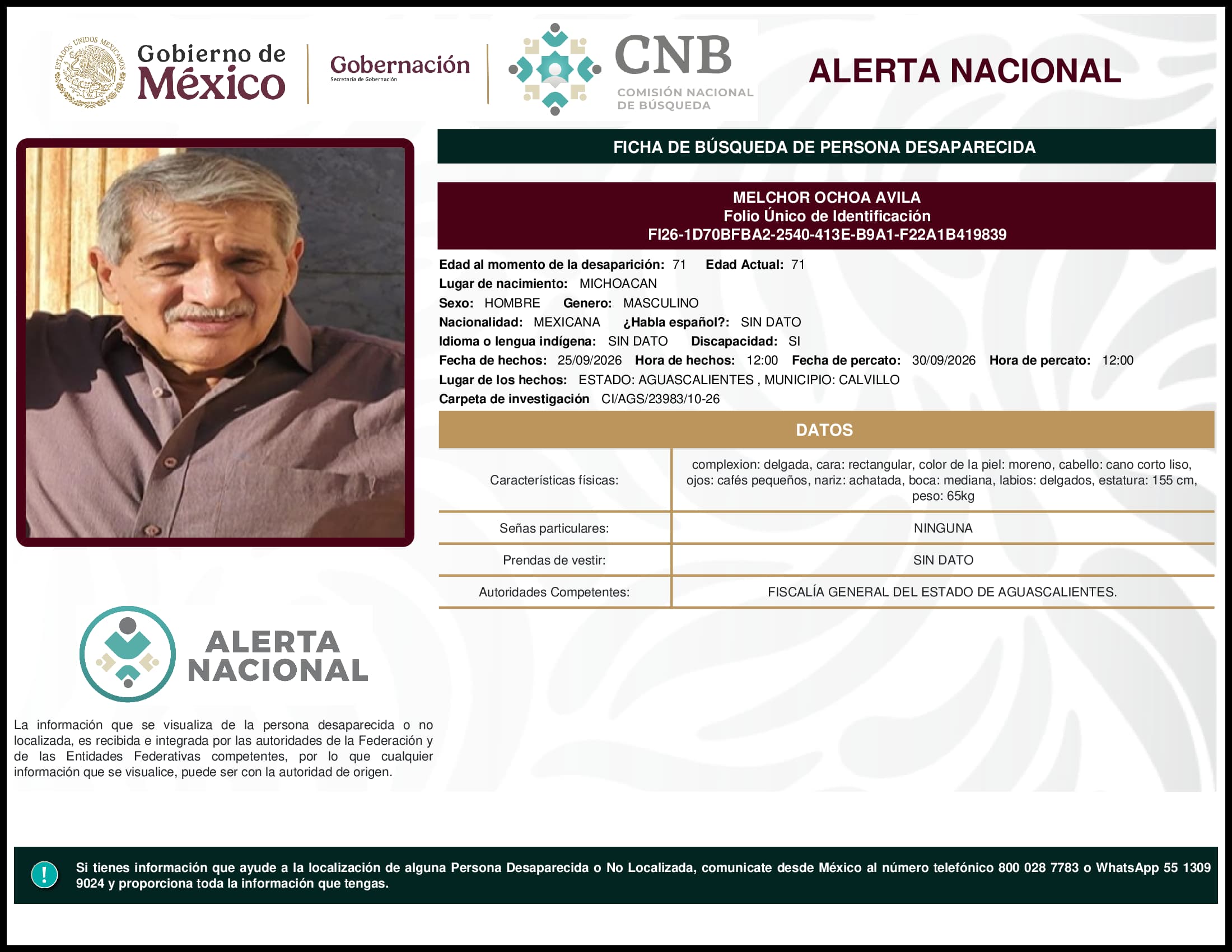 Persona desaparecida Melchor Ochoa Avila