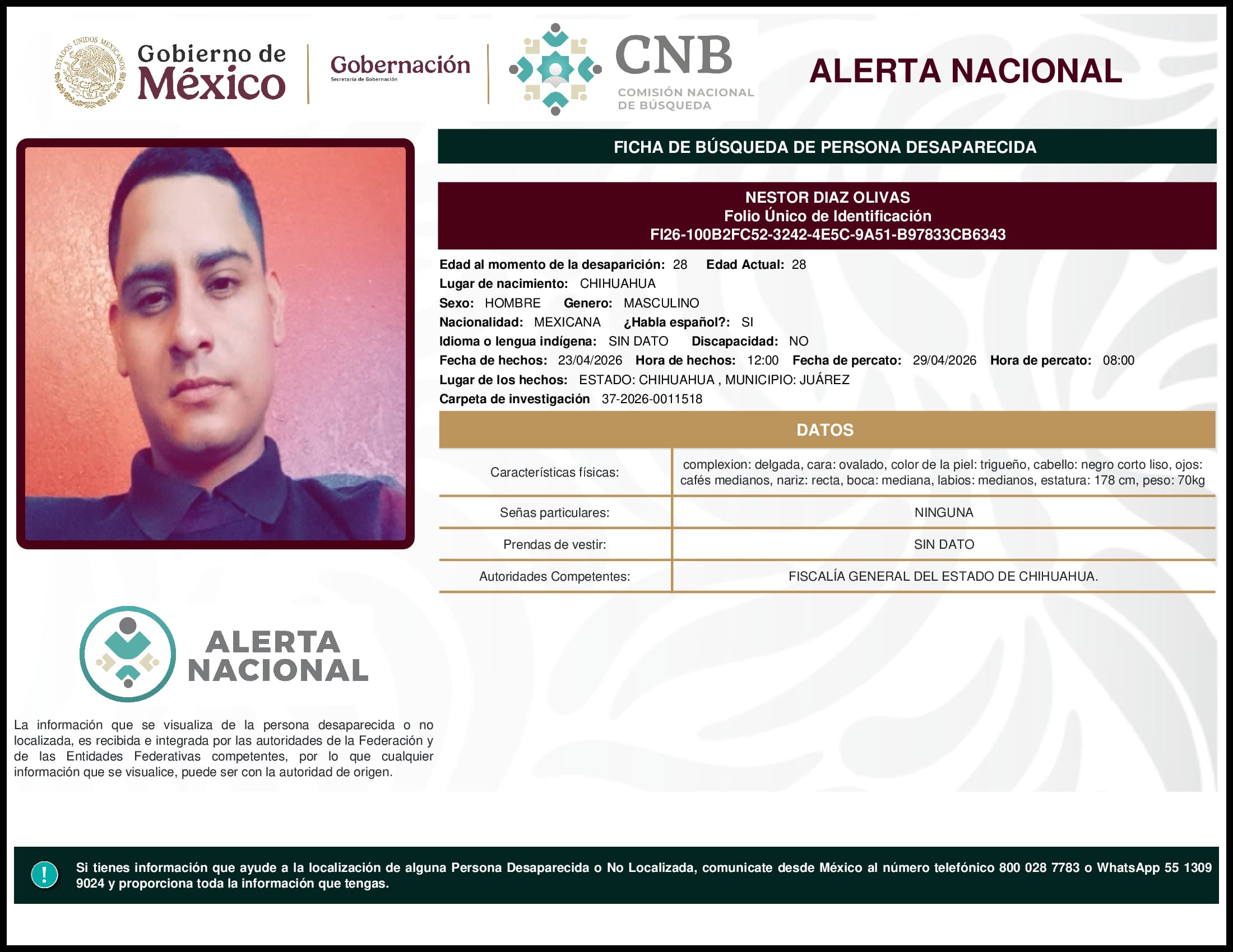 Persona desaparecida Nestor Diaz Olivas