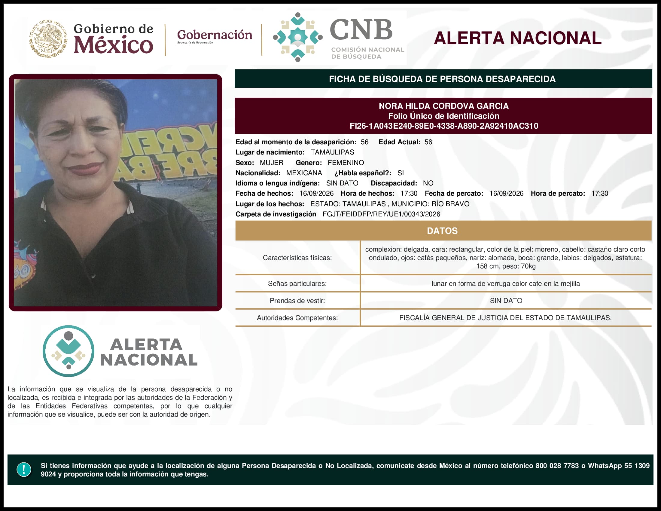 Persona desaparecida Nora Hilda Cordova Garcia