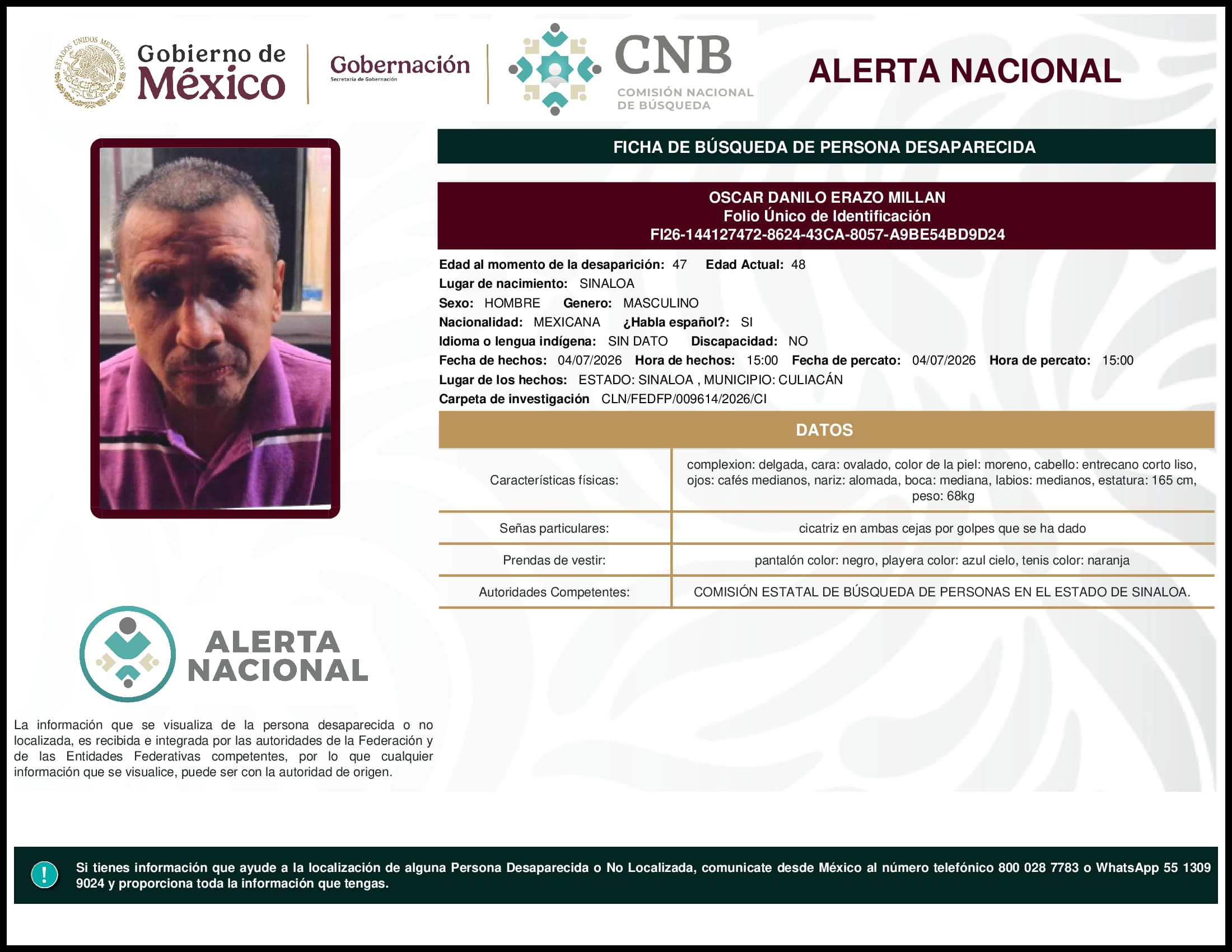 Persona desaparecida Oscar Danilo Erazo Millan