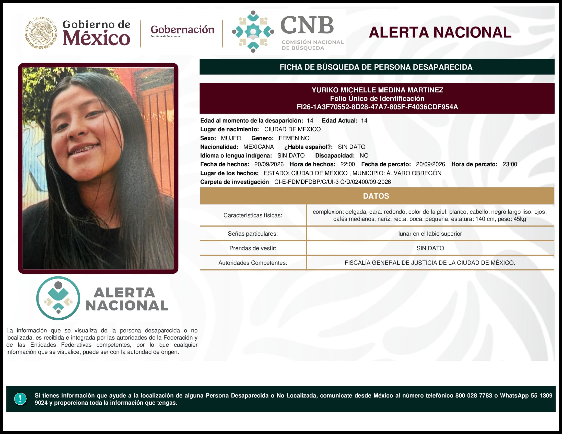 Persona desaparecida Yuriko Michelle Medina Martinez