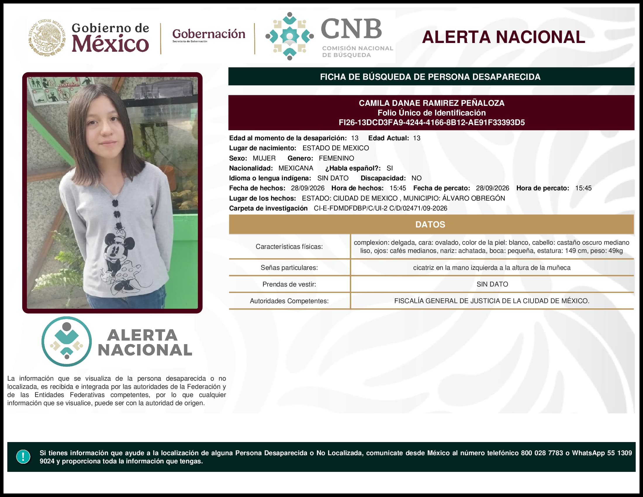 Persona desaparecida Camila Danae Ramirez Penaloza
