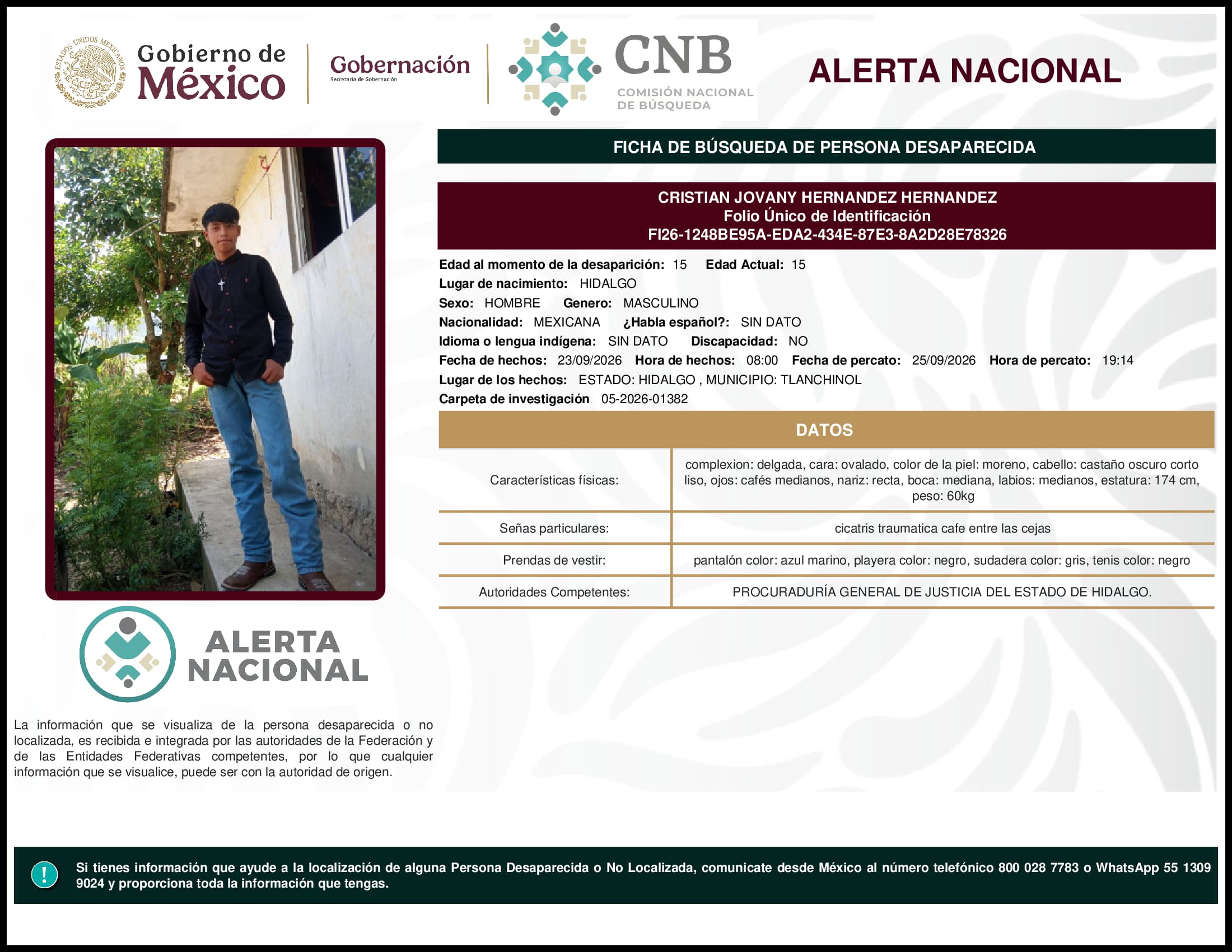 Persona desaparecida Cristian Jovany Hernandez Hernandez