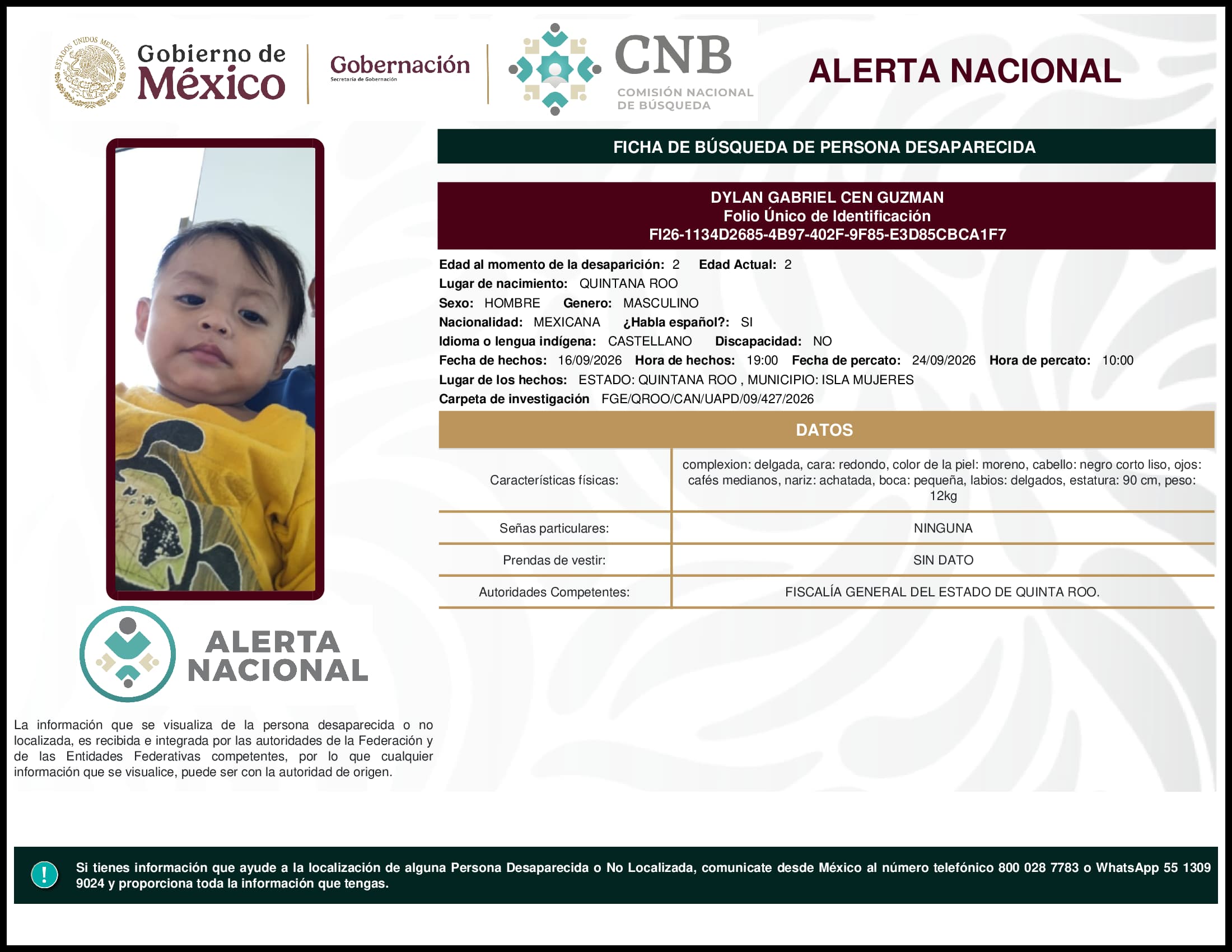 Persona desaparecida Dylan Gabriel Cen Guzman