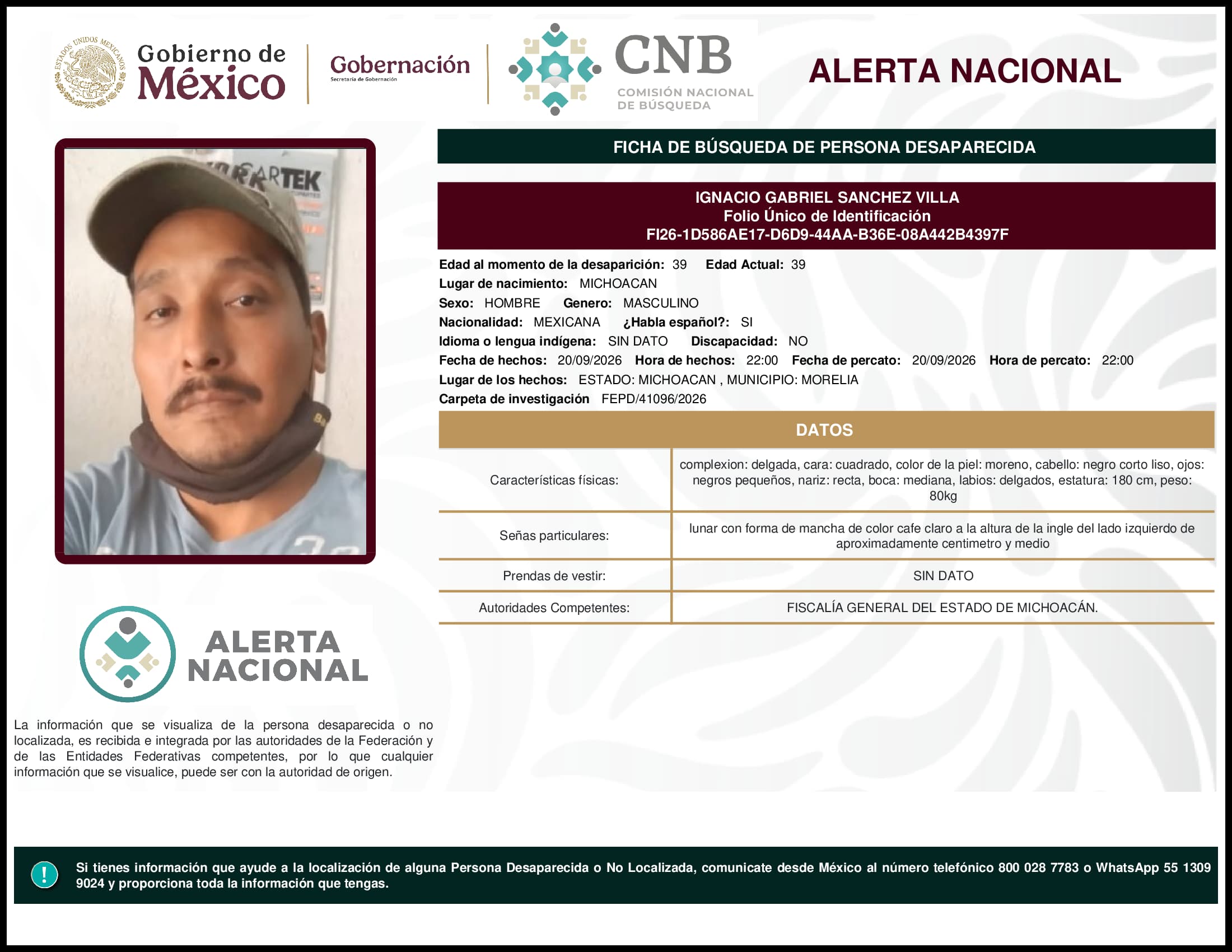 Persona desaparecida Ignacio Gabriel Sanchez Villa