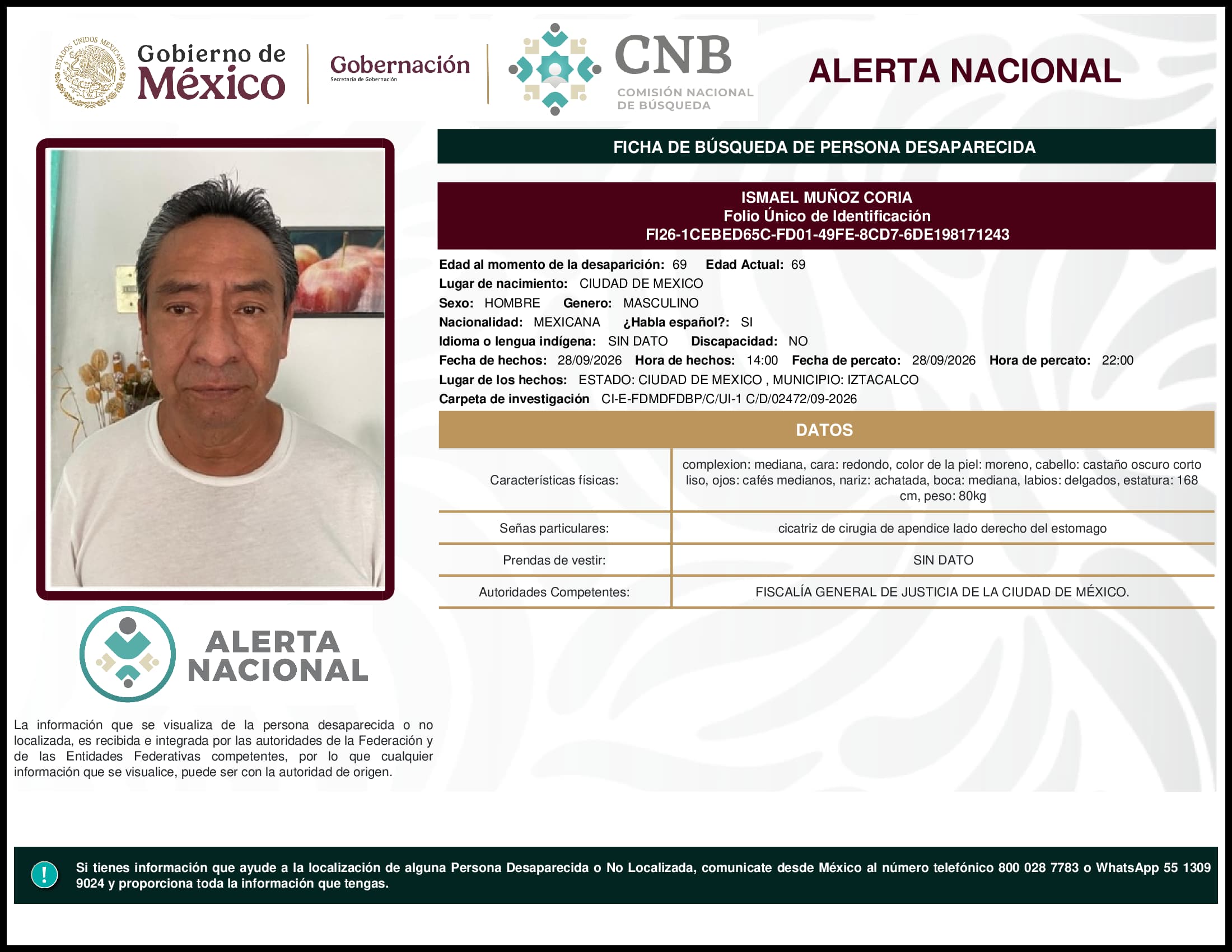 Persona desaparecida Ismael Munoz Coria