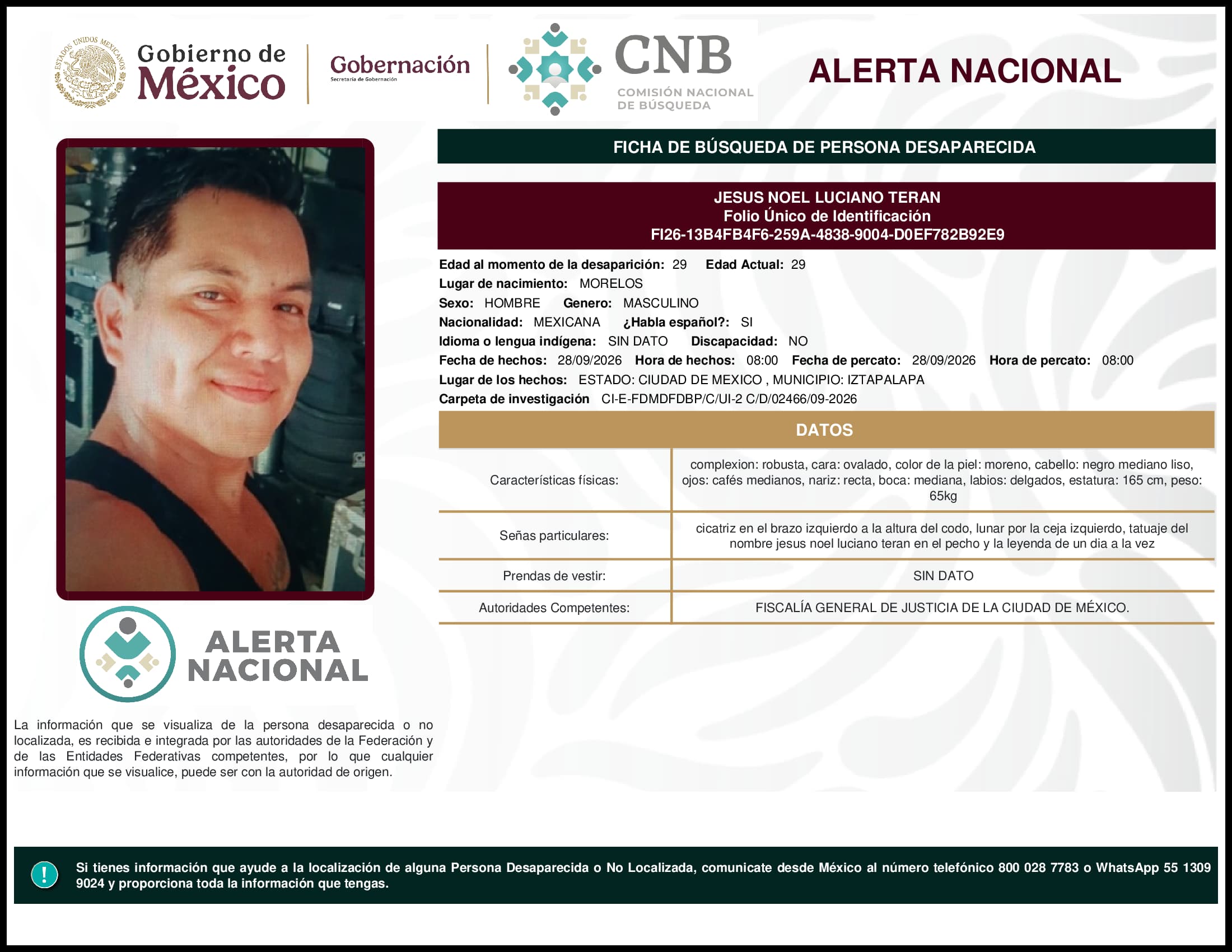 Persona desaparecida Jesus Noel Luciano Teran