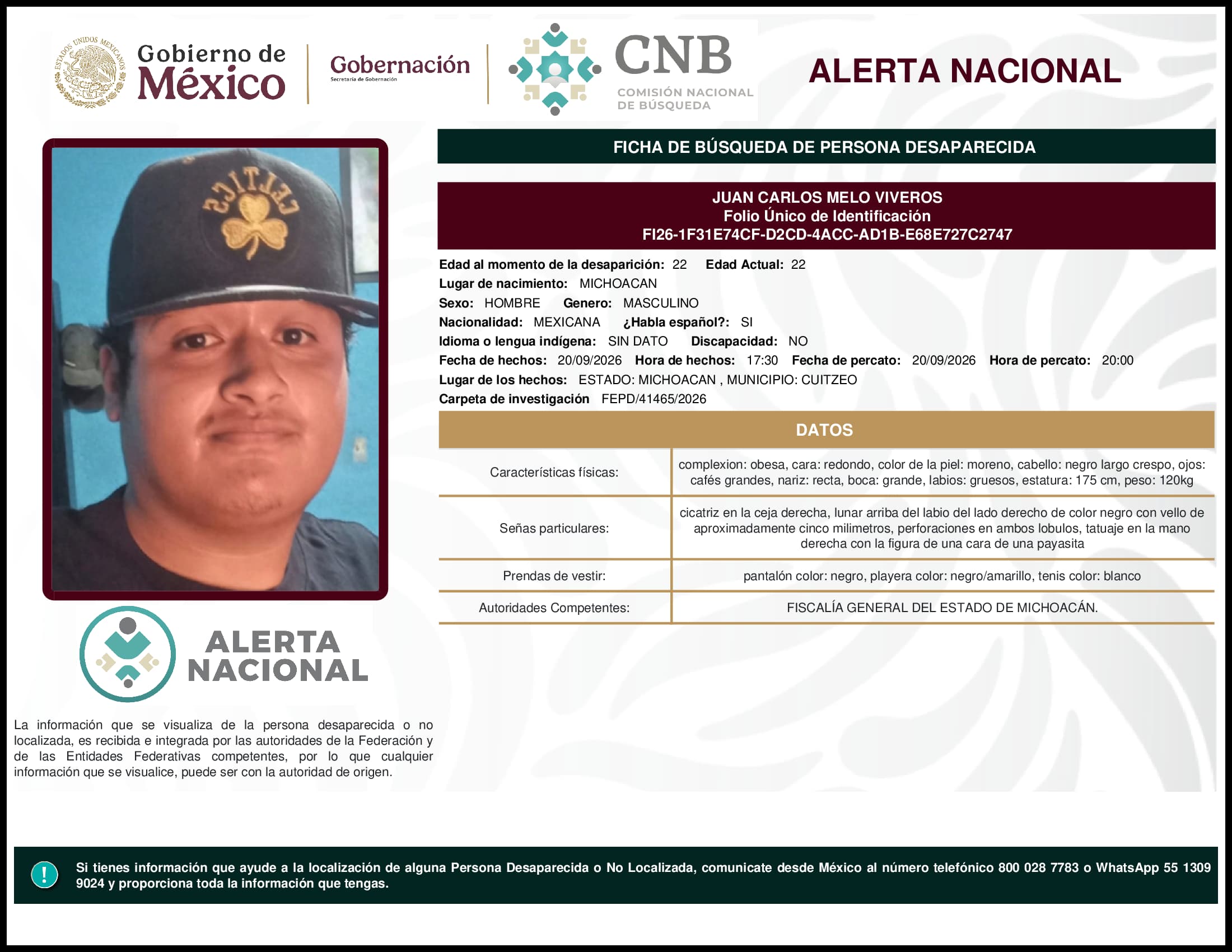 Persona desaparecida Juan Carlos Melo Viveros