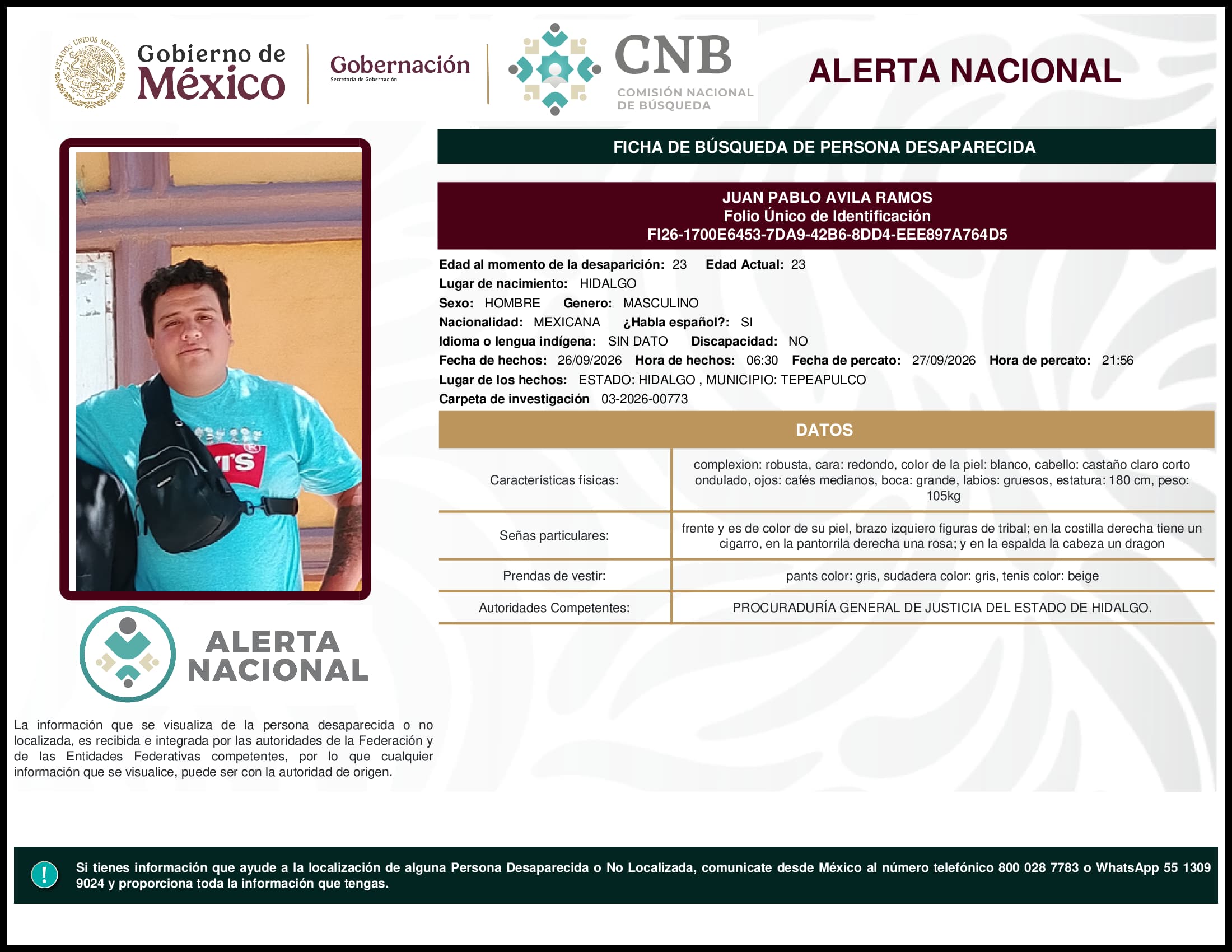 Persona desaparecida Juan Pablo Avila Ramos