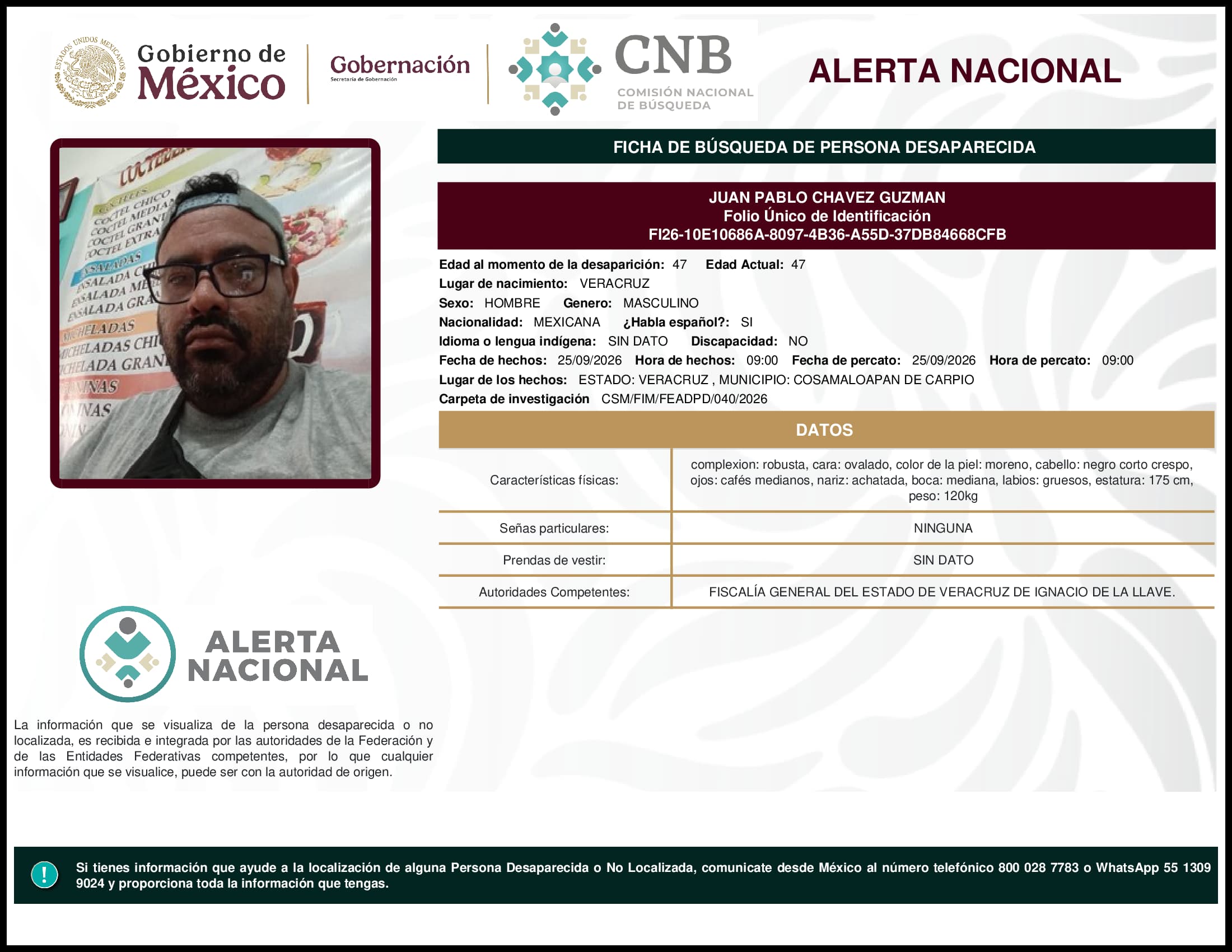 Persona desaparecida Juan Pablo Chavez Guzman