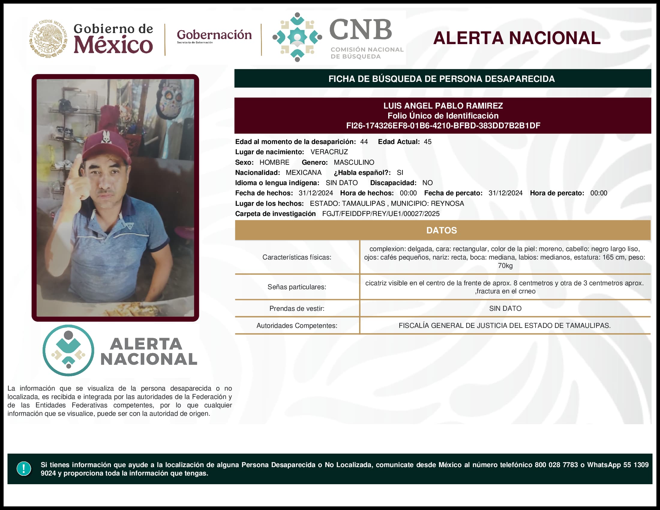 Persona desaparecida Luis Angel Pablo Ramirez