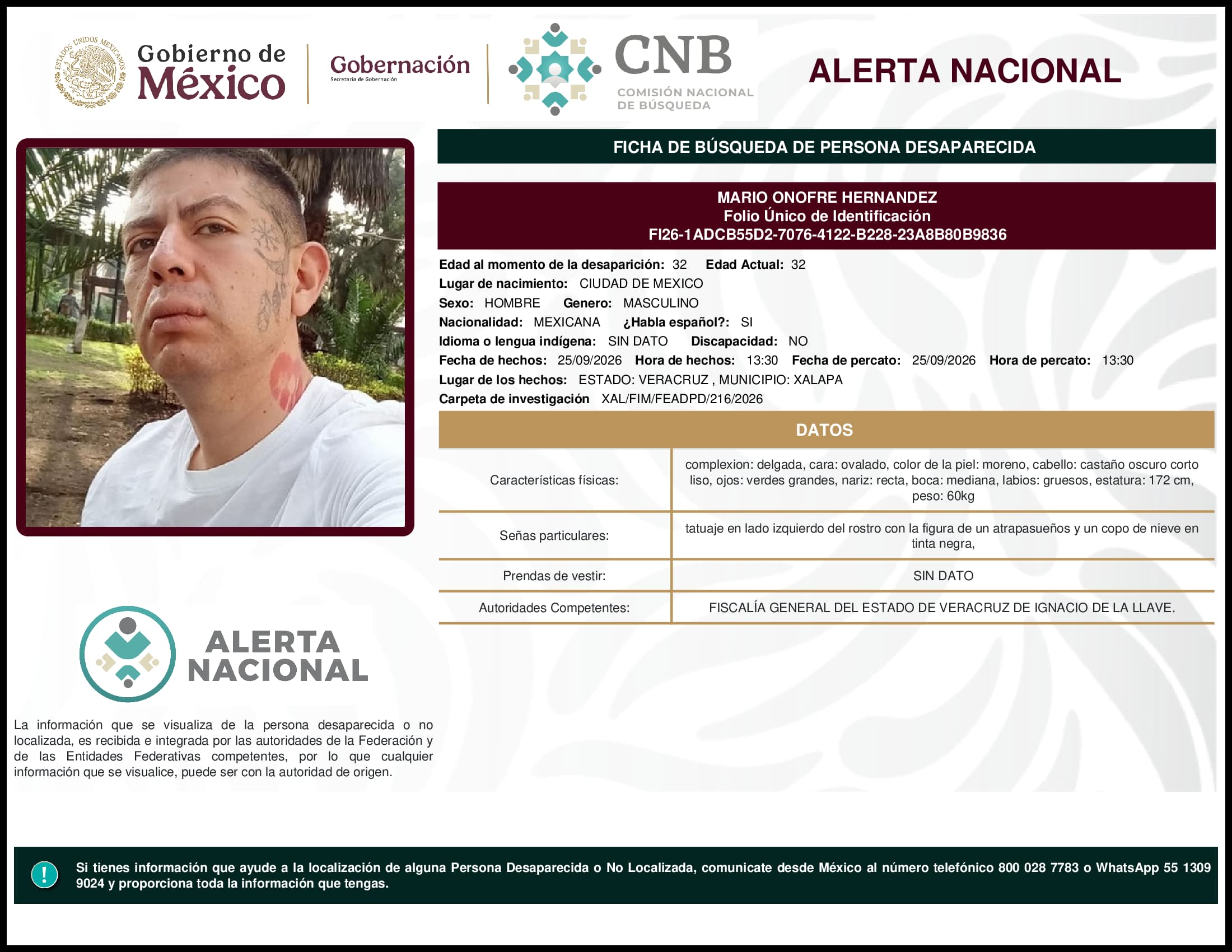 Persona desaparecida Mario Onofre Hernandez