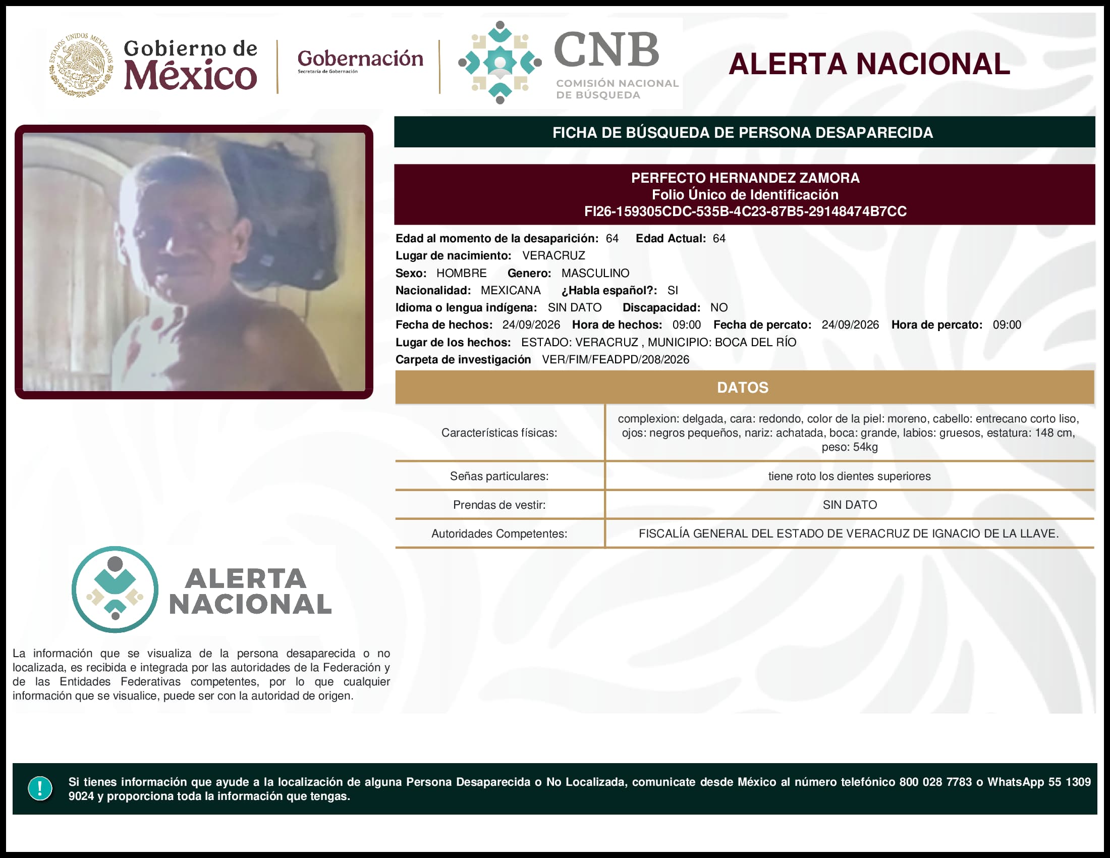 Persona desaparecida Perfecto Hernandez Zamora