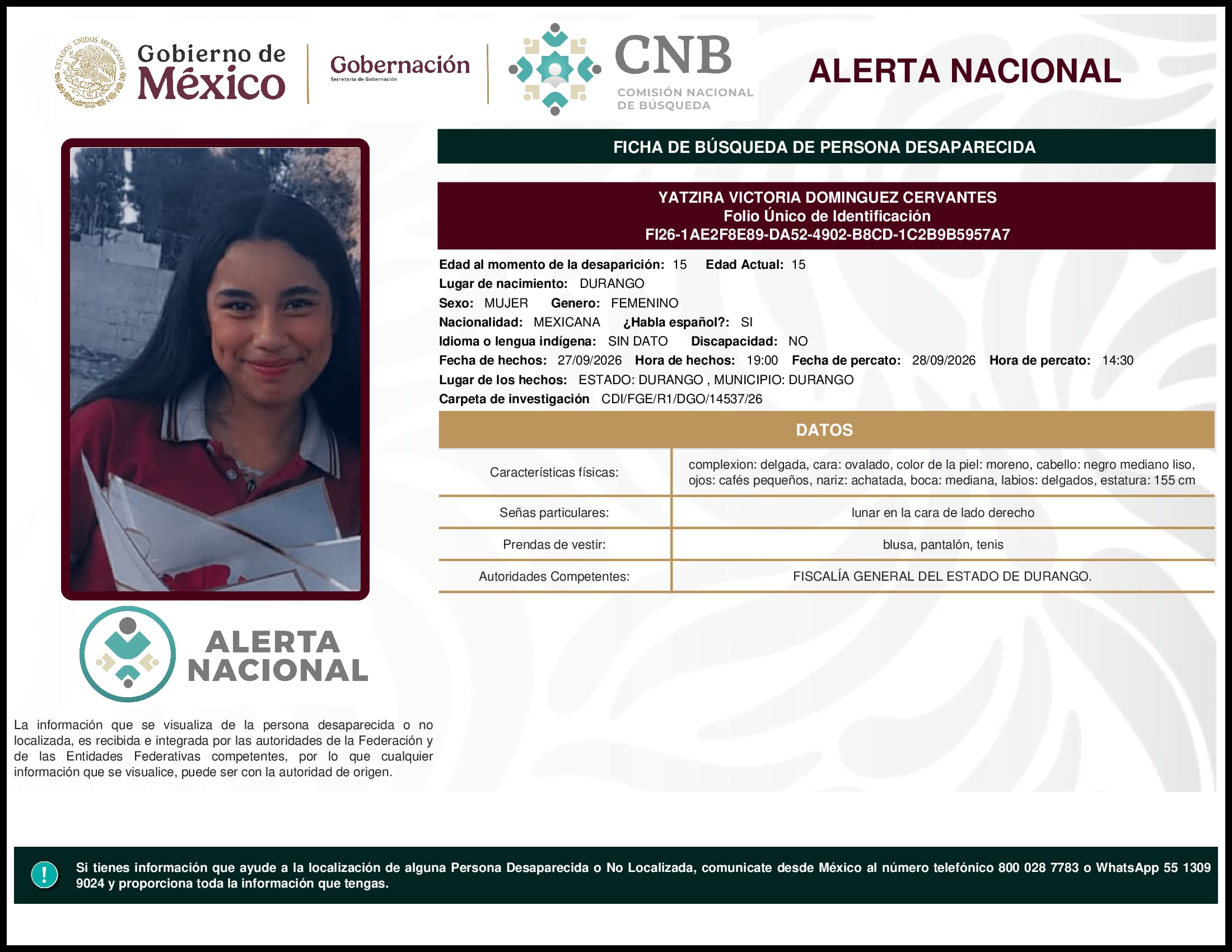 Persona desaparecida Yatzira Victoria Dominguez Cervantes